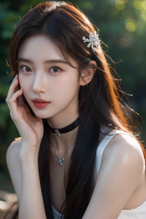 8k, Masterpiece, raw photos, best quality, realistic, Very detailed CG unity 8k wallpaper., depth of field, Cinema-grade lighting, lens flare, Ray tracing, (Very beautiful face, beautiful lips, beautiful eyes), A face with intricate details, ((Ultra-detailed skin), รูปถ่ายของสาวสวย 1 คนbest quality, Ultra high resolution, (realistically:1.4),cute hair clip,1 girl,long red hair,cropped sweater ,Beautiful woman with a slender figure:1.4, Pronounced abdomen:1.4, on the island,A particularly detailed face,Exquisite eyes,Double eyelids,choker necklace