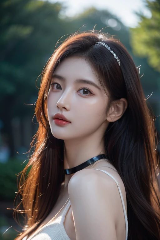 8k, Masterpiece, raw photos, best quality, realistic, Very detailed CG unity 8k wallpaper., depth of field, Cinema-grade lighting, lens flare, Ray tracing, (Very beautiful face, beautiful lips, beautiful eyes), A face with intricate details, ((Ultra-detailed skin), รูปถ่ายของสาวสวย 1 คนbest quality, Ultra high resolution, (realistically:1.4),cute hair clip,1 girl,long red hair,cropped sweater ,Beautiful woman with a slender figure:1.4, Pronounced abdomen:1.4, on the island,A particularly detailed face,Exquisite eyes,Double eyelids,choker necklace