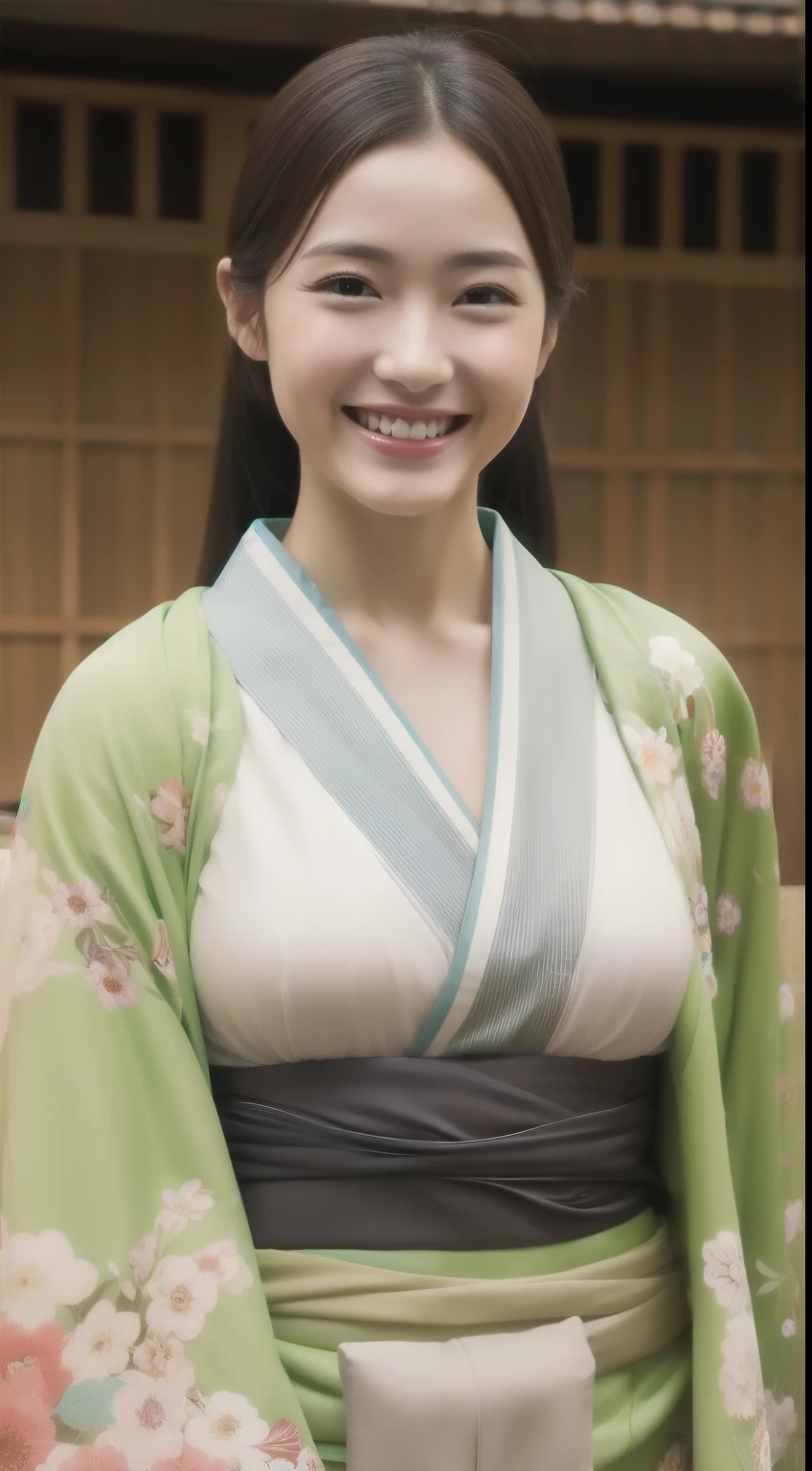 The cheerful face of the hostess、Floral Japan kimono、hiquality、A hyper-realistic、healthy、Smiling expression、Slender perfect figure、Japan Beauties、 perfect eyes beautiful skin、The upper part of the body、shrines