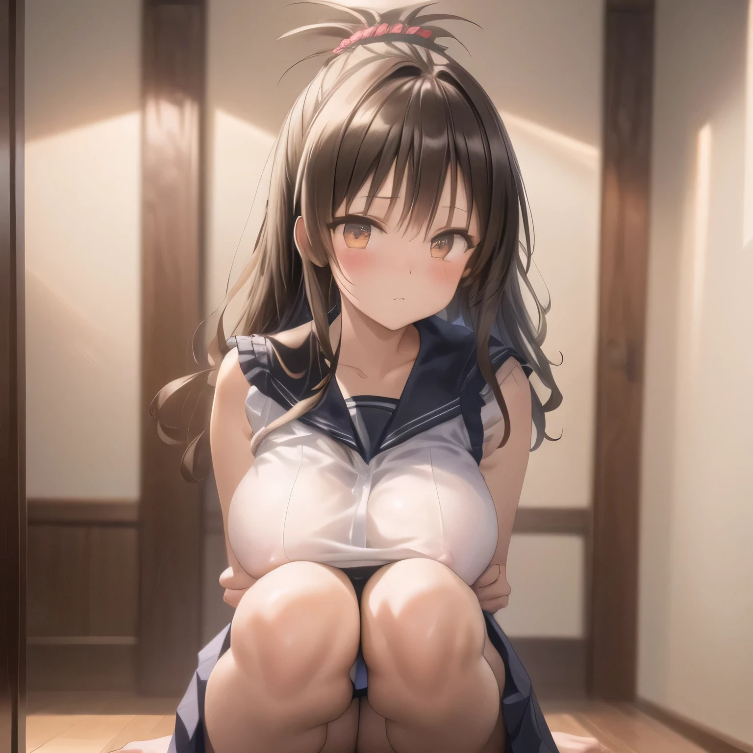 realistically, brown eyes, ponytail, glowing eyes, white short skirt, extra short skirt, Blush, daytime, Wet from the rain, see through, sleeveless shirt, nipples, pussy, crotch, embarrass, Sit with your knees raised, windy, yuki mikan, the skirt is turned up, highest quality, High resolution, highly detailed face, perfect lighting, higest detailed CG, perfect hands, perfect anatomy, armpit,