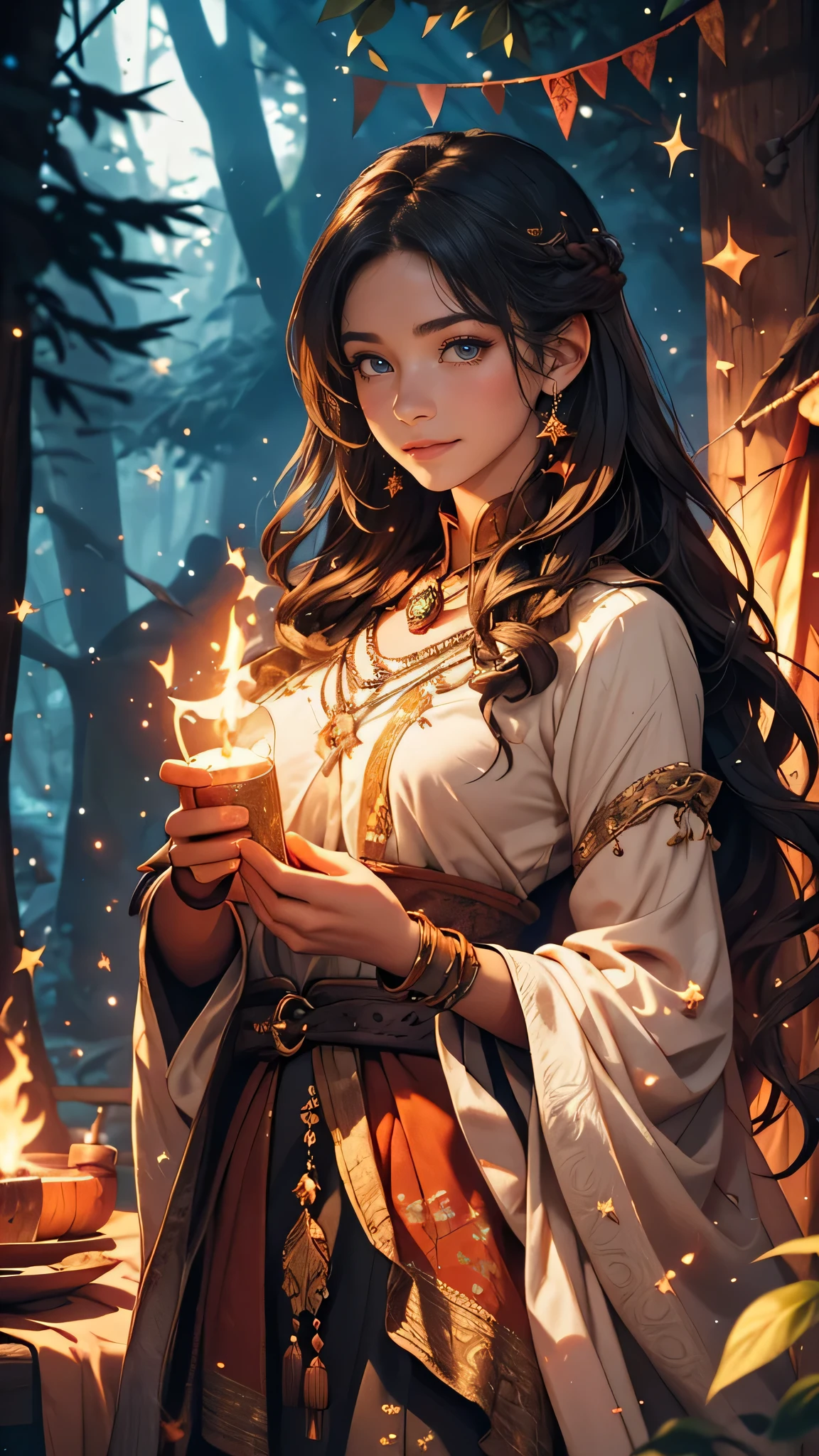 (best quality,4k,8k,highres,masterpiece:1.2),ultra-detailed,(realistic,photorealistic,photo-realistic:1.37),a young girl with,long black,braided hair,(detailed beautiful eyes,detailed beautiful lips:1.1),wearing a white medieval style traveler's shirt,camping and making a campfire at night,fantasy theme,moonlit background,magical atmosphere,soft glow,firelight dancing,starlit sky,twinkling stars,magical creatures lurking in the shadows,campsite surrounded by tall trees and dense forest,a cozy tent nearby,crackling sound of the campfire,warm and inviting ambiance,the sound of rustling leaves in the wind,gentle breeze caressing her hair,twinkling fairy lights hanging from the trees,enchanted aura,hint of mystery and adventure,sense of tranquility and serenity,flickering shadows,the girl's face illuminated by the warm glow of the fire,magical objects scattered around the campsite,sparkling sparks from the fire,revealing forest creatures in the dark,whisper of magic in the air,positive and joyful energy,awe-inspiring landscape,fantasy-themed accessories,pixel-perfect details,impressive realism,vivid colors,dreamlike composition,masterful storytelling,attention to every detail