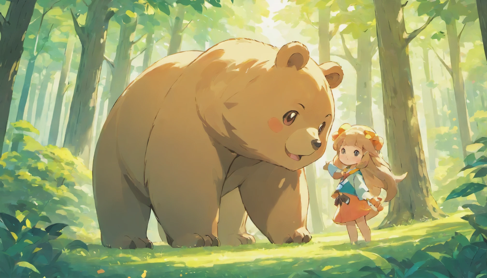 high quality、in the forest、Bear and girl