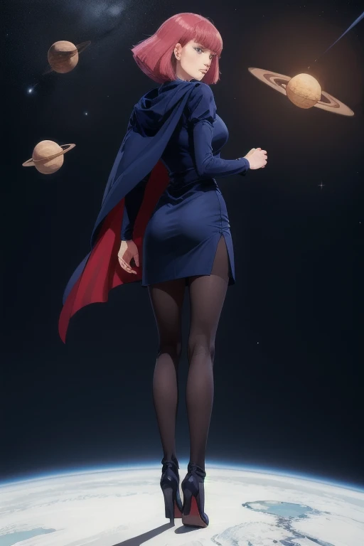 masterpiece, high quality, solo, looking back, 
haman_karn,1woman, pink hair, short hair, sidelocks, bangs, eyebrows, blue eyes,
collarbone, cape, black dress, puff sleeves, long sleeves, juliet sleeves, pantyhose, heels, 
standing in outer space, one hand on hip, detailed background, planets, stardust, (floating hair, outdoors, wind:1.2) 