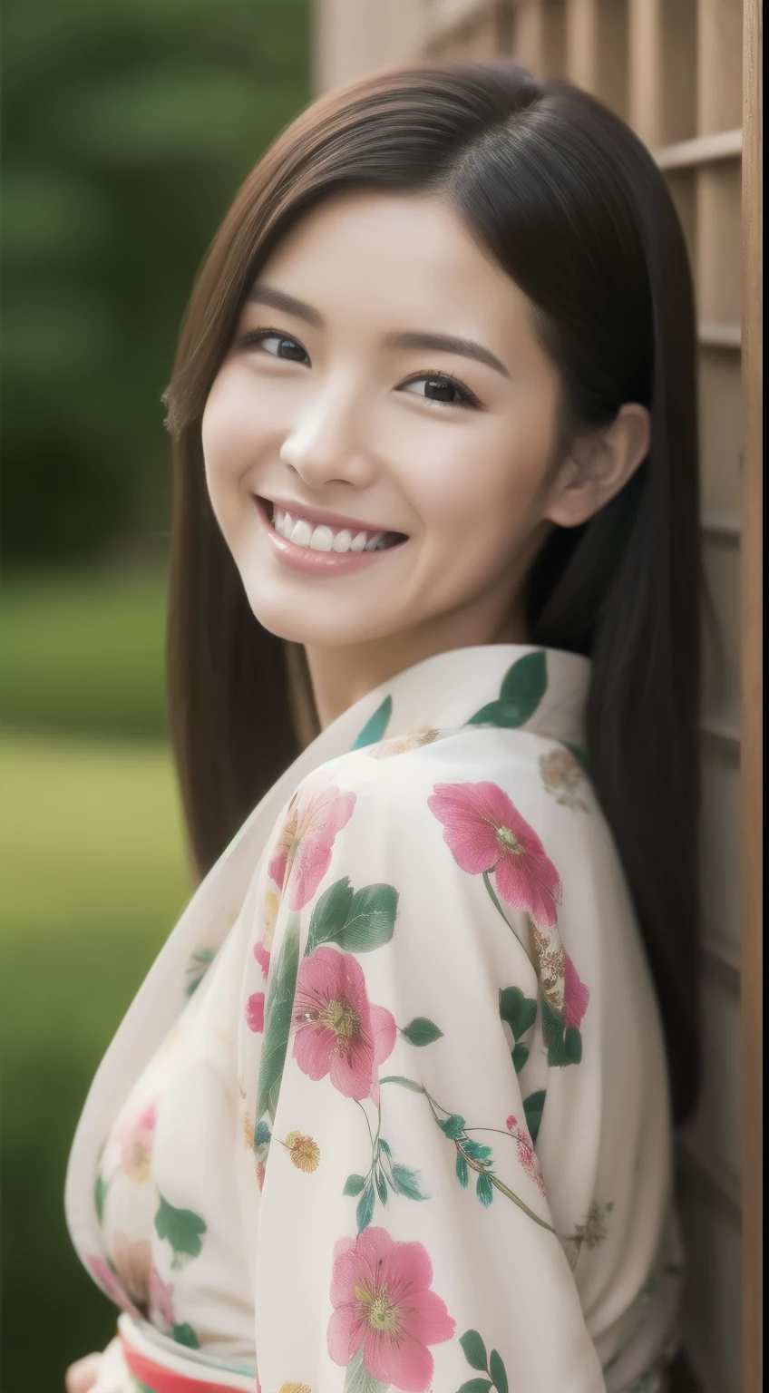 The cheerful face of the hostess、Floral Japan kimono、hiquality、A hyper-realistic、healthy、Smiling expression、Slender perfect figure、Japan Beauties、 perfect eyes beautiful skin、The upper part of the body、shrines