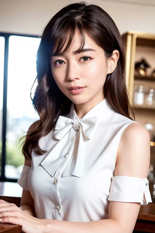 (Very detailed CG ユニティ 8k 壁紙), (masterpiece), (highest quality), (Very detailed), (Best illustrations), (Best Shadow), Ultra-high resolution, (Realistic, photo-Realistic:1.2), One girl, Rooftop café in a shopping mall, White opaque shirt with bow tie, Puffy eyes, View your viewers, smile, close,