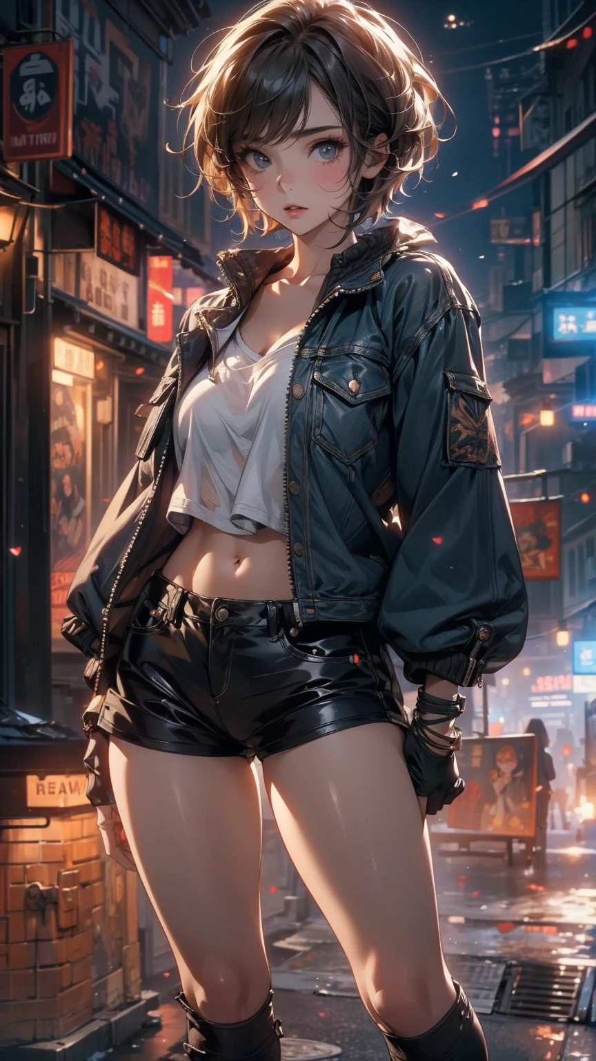 ((Highly detailed CG unit 8K wallpaper, masterpiece, High resolution, highest quality)), Structure from head to thighs:1.3, Upper body focus, 20-year-old woman, short hair, Avant-garde makeup, Hands in pockets pose:1.5, Blouson&Coordination of micro mini shorts, Blurred Background, A deserted back alley in Paris, Cinema Lighting, Anime Style, Simple lines, Digital Painting,