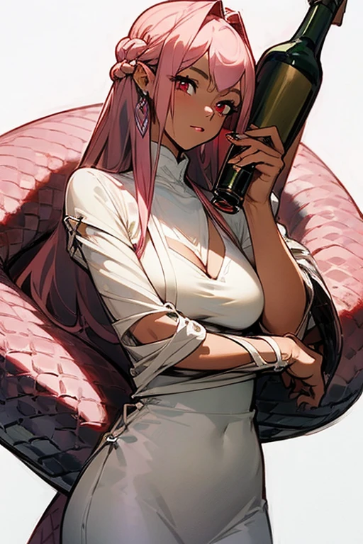 ((best quality)), ((masterpiece)), (detailed), perfect face, girl holding a glass of wine, a snake on her arm coiling her, brown skin, long light pink hair, straight, without curves, green eyes, wearing a long white dress, 