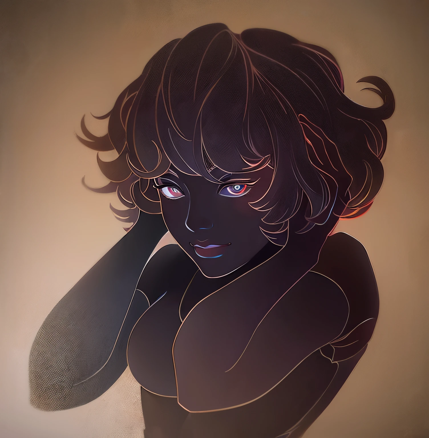 (a girl hugging her head, sexy lips, tight t-shirt, French bangs, short hair with big curls), (illustration, oil painting), (detailed background, colorful garden), (best quality, high resolution, ultra-detailed), (vivid colors, sharp focus), (soft lighting, warm tones)