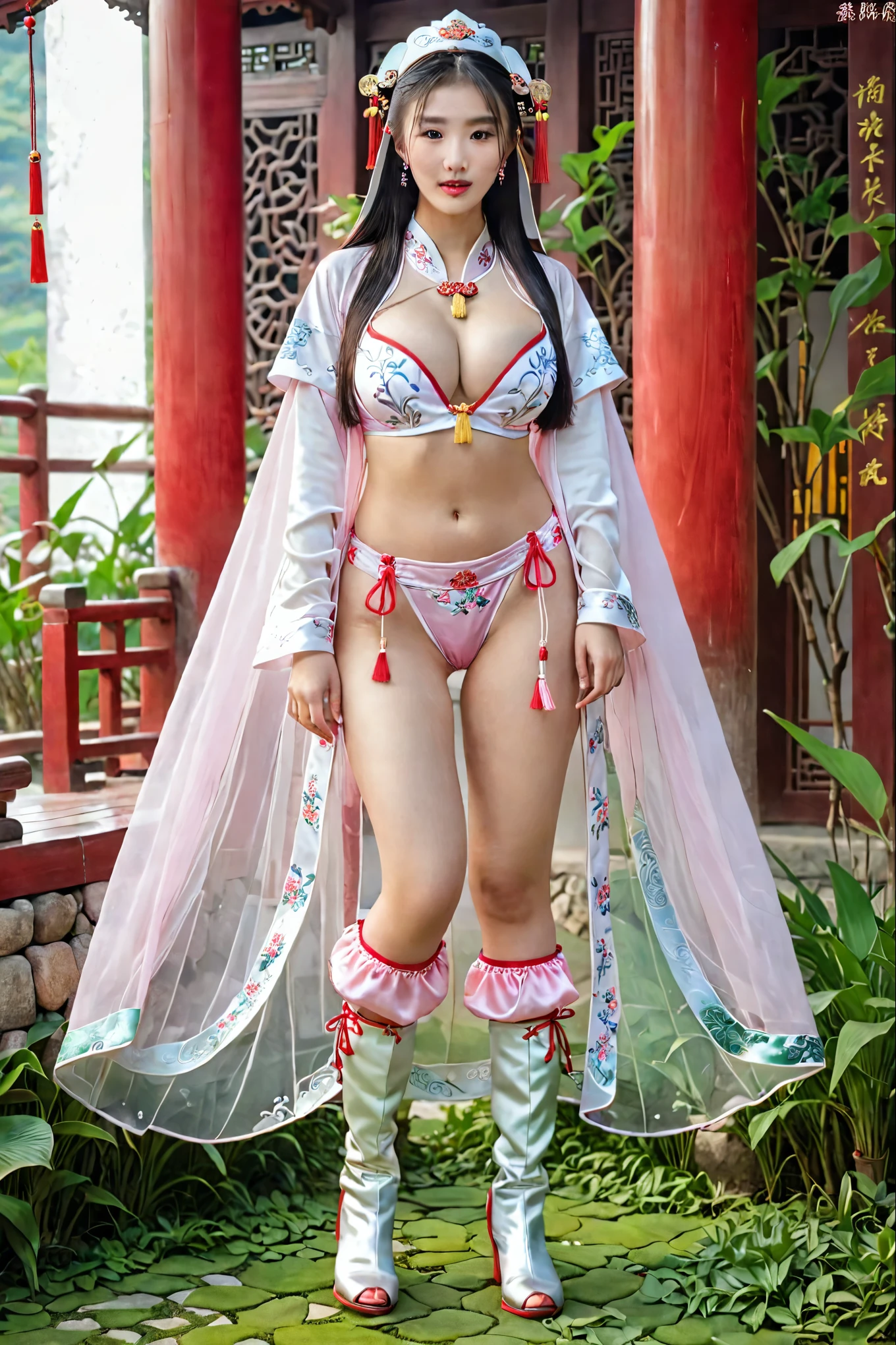 She looks like a very confident girl,  full body xianxia, Chinese Hanfu, sexy red bikini，High-cut bra，red underwear，Long-legged girl，Put on your boots，pink boots，Very large breasts，Put on your hat，fantasy服装, Put on the priest&#39;s cloak, Black cloak all over, 穿着fantasy服装, Standing on the grass，Facing the audience，Standing on the grass, Real 8000g，Impeccable，masterpiece，Professional artwork，Masterpieces，Light，Movie Bloom，Perfect face，Pretty Face，fantasy，Dreamy and magical，not real，Intricate details，beautiful pattern