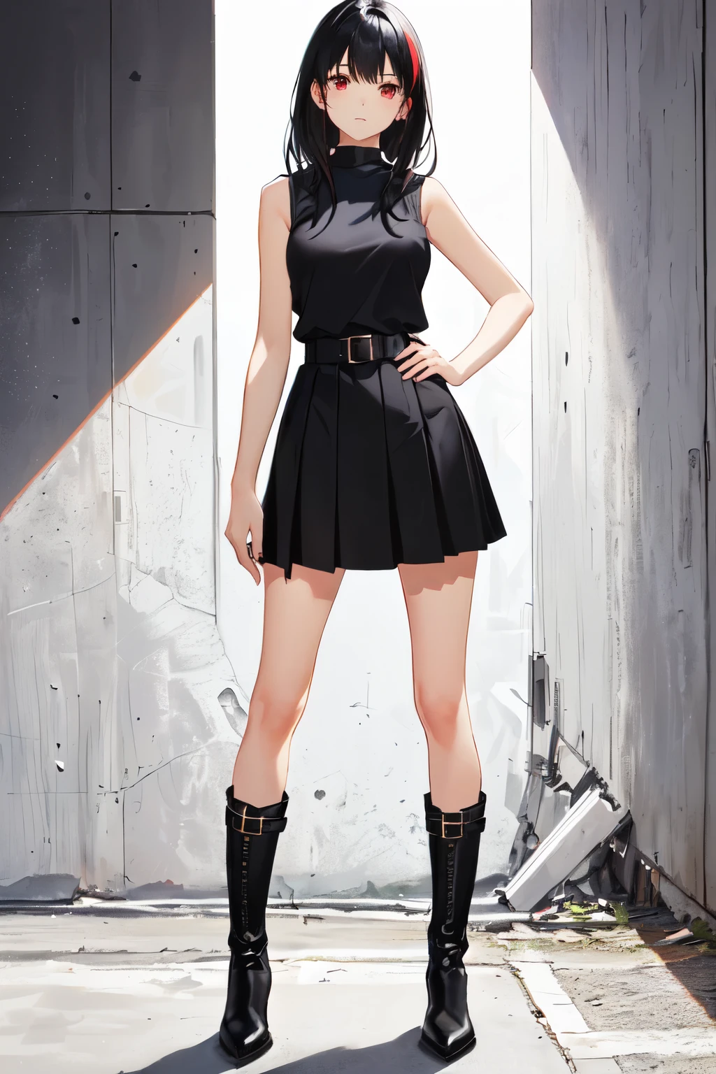 Standing posture, boots, Girl in sleeveless shirt standing confidently, Black Hair, Medium Hair, Black Skirt, Red eyes, whole body, Tight fit
