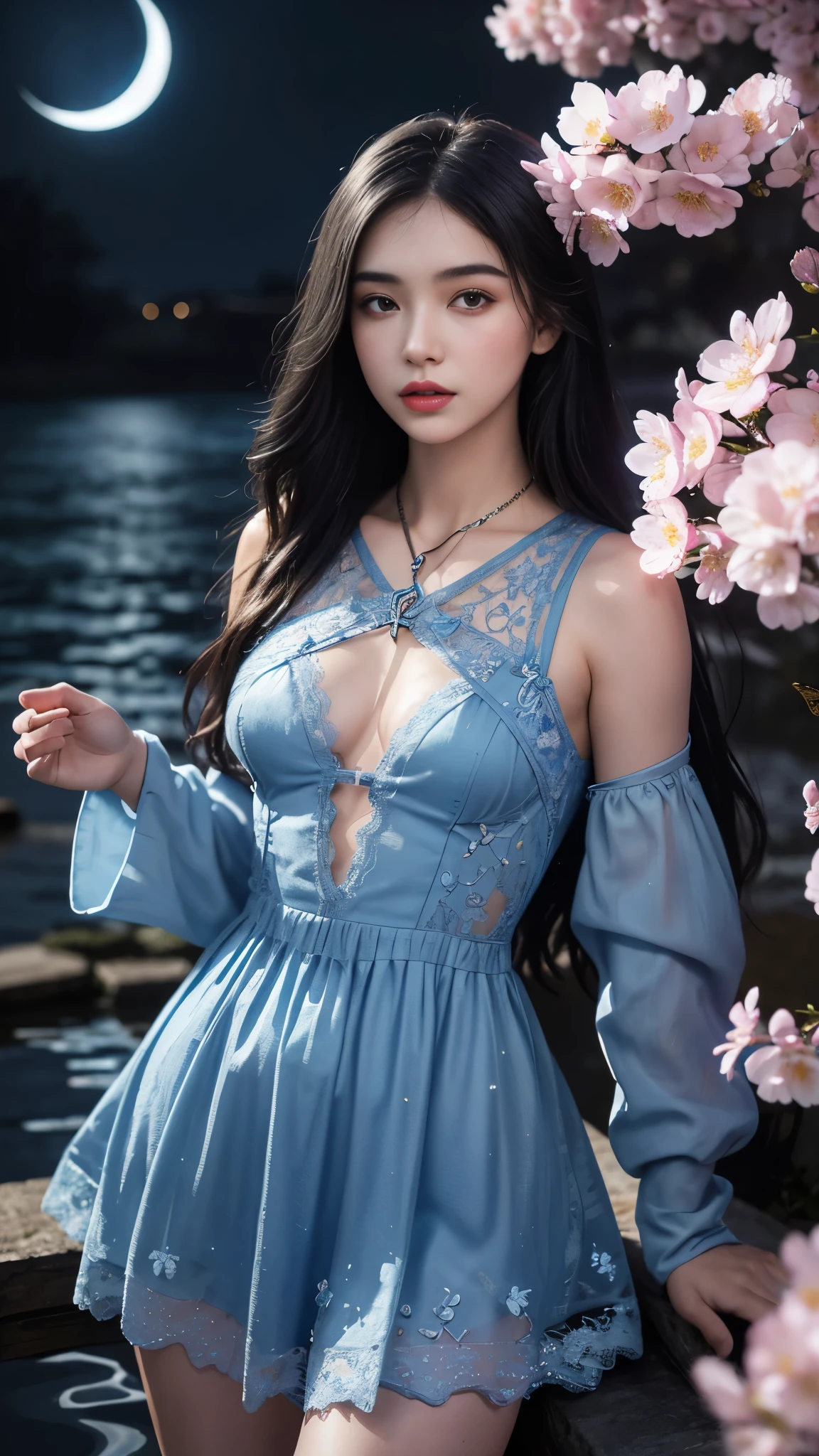 8K, ultra hd, masterpiece, 1 girl, ((18 years old girl)), good face, very long hair, detailed eyes, detailed lips, small breasts, detailed clothing, blue clothing, ((criss-cross lace), sardine, ornament, jewellery, antique jewellery, loops, straps, dim lighting, epic scenery, night scenery, ((moon light)), cherry blossom, beautiful, rain, flowers, butterfly, water reflection, RTX 4090, ray tracing, bloom effect, front body,