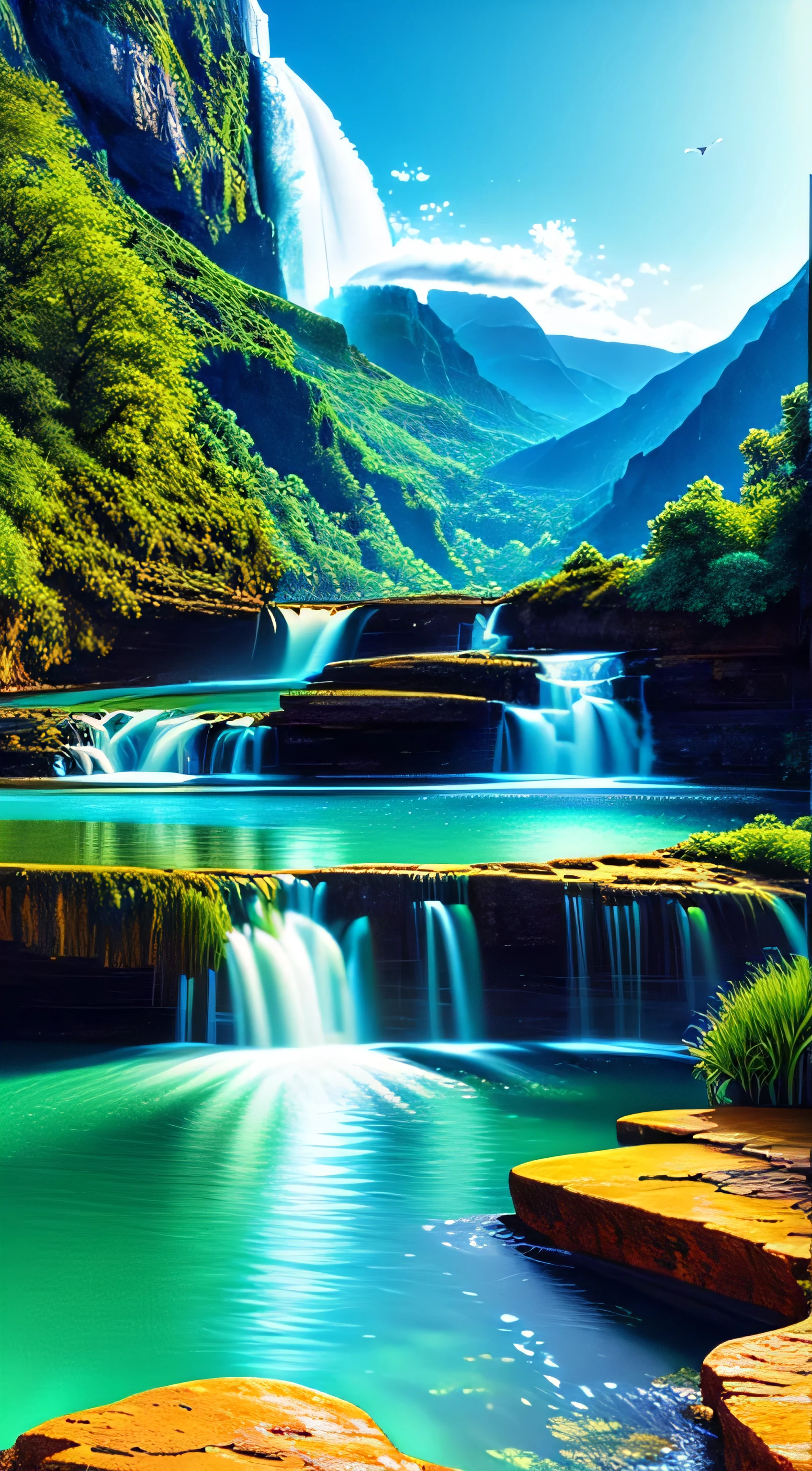 landscape, water (Highly detailed CG Unity 8k wallpaper), The most beautiful works of art in the world, Professional majestic oil painting, Complex, Attention to detail, Sharp focus, dramatic, Realistic painting,waterfall、