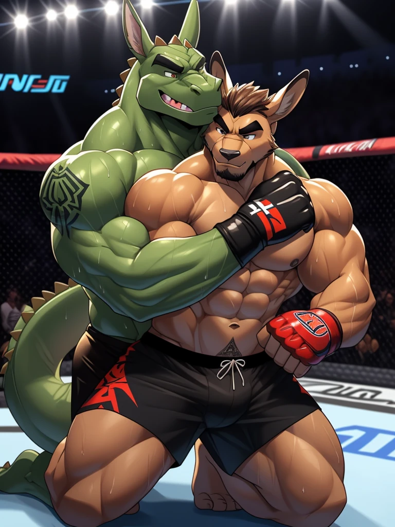 Duo big male fighters(Brown Kangaroo vs Green Gator, handsomes, Thick eyebrows), beso gay(Cuddling kneeling, embraced from behind, in a UFC match), hot(Full body, shirtless), handsomes(They are handsomes, correct anatomy), musculosos(Big muscle bodies, Six packs, muscle abs, big pecs, muscle legs, muscle backs), sweaty(very sweaty wet bodies), tatuajes(they have tattoos), Angry(They have an angry expression), UFC gloves(They both are wearing black UFC gloves), boxers(They both are wearing black boxers), Hight resolution