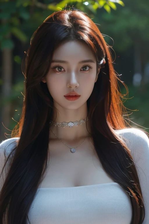 8k, Masterpiece, raw photos, best quality, realistic, Very detailed CG unity 8k wallpaper., depth of field, Cinema-grade lighting, lens flare, Ray tracing, (Very beautiful face, beautiful lips, beautiful eyes), A face with intricate details, ((Ultra-detailed skin), รูปถ่ายของสาวสวย 1 คนbest quality, Ultra high resolution, (realistically:1.4),cute hair clip,1 girl,long red hair,cropped sweater ,Beautiful woman with a slender figure:1.4, Pronounced abdomen:1.4, on the island,A particularly detailed face,Exquisite eyes,Double eyelids,choker necklace
