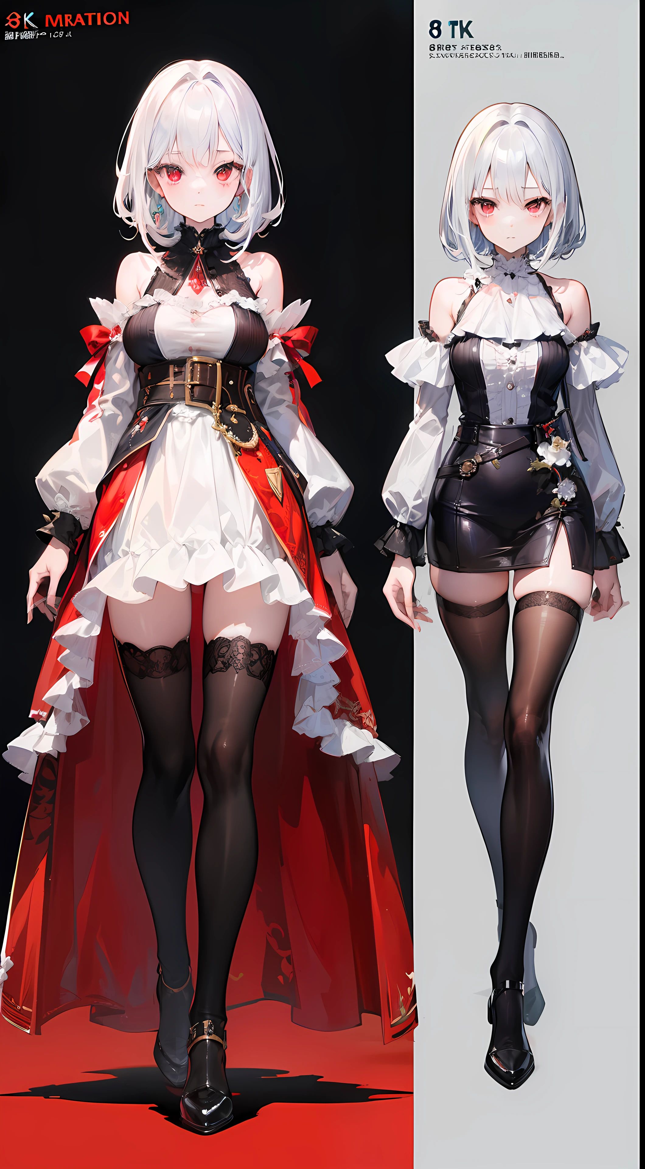 (((8k,Top quality)))1 young girl, Role List, Concept Art, Full Body Esbian, (masterpiece:1.2), (Top image quality:1.3), 1 Girl, standing, Length of hair,Diabolical,Silver hair,Red Eyes