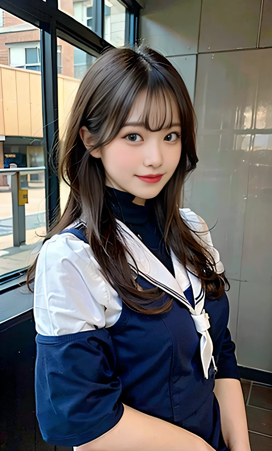 Ulzzang-6500-v1.1, (RAW Photos:1.2), (Realistic:1.4), Beautiful detailed girl, Very detailed eyes and face, Beautiful fine details, Beautiful legs、Ridiculous, Incredibly Ridiculous, Large file size, Super detailed, High resolution, Very detailed, highest quality, masterpiece, Kemomimi,（Overall image、）（Sailor suit、High School Uniform）（Beautiful Face、Blue Hair、Double Eyes）、Beautiful 、whole body、Beautiful legs、Are standing、, Face Light, Cinema Lighting, 1 girl,  (smile), (Seductive poses))),  (Inside the room）