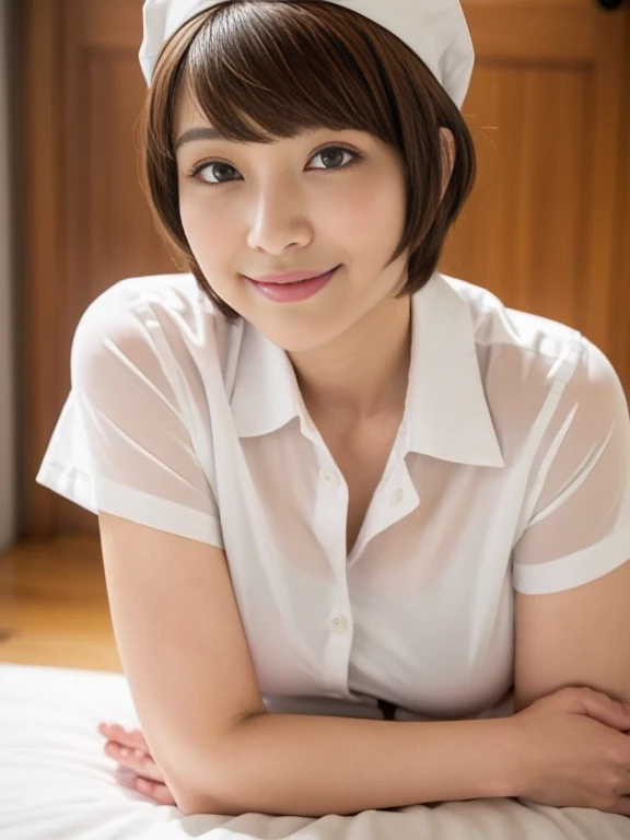 ((Great quality,Great quality,high quality, very beautiful,beautiful, 最high quality, Realistic)) ,(Open Stance,Brush your hair back),(White nurse uniform, Little White Nurse (cap), White shirt, Open shirt, hospital, ),((Light brown hair,blunt bangs, pixie cut, 太くてbeautiful眉,Round eyes)),Detailed body,photograph,3D, texture,, View audience, ((最high quality, Great quality, very beautiful, Absurd))、(Perfect beautiful face 1.2),(smile),Blushed,Heavy breathing,(Perfect and beautiful posture:1.2),(30 year old beautiful Japanese woman),(Mature Woman),(Face with makeup),Flat Chest,Long legs, (thick muscular body),(whole bodyに汗をかく:1.2),((Excessive sweating under the arms)),超高解像度のphotograph,Looking at the camera,(Stand facing forward),(whole body),