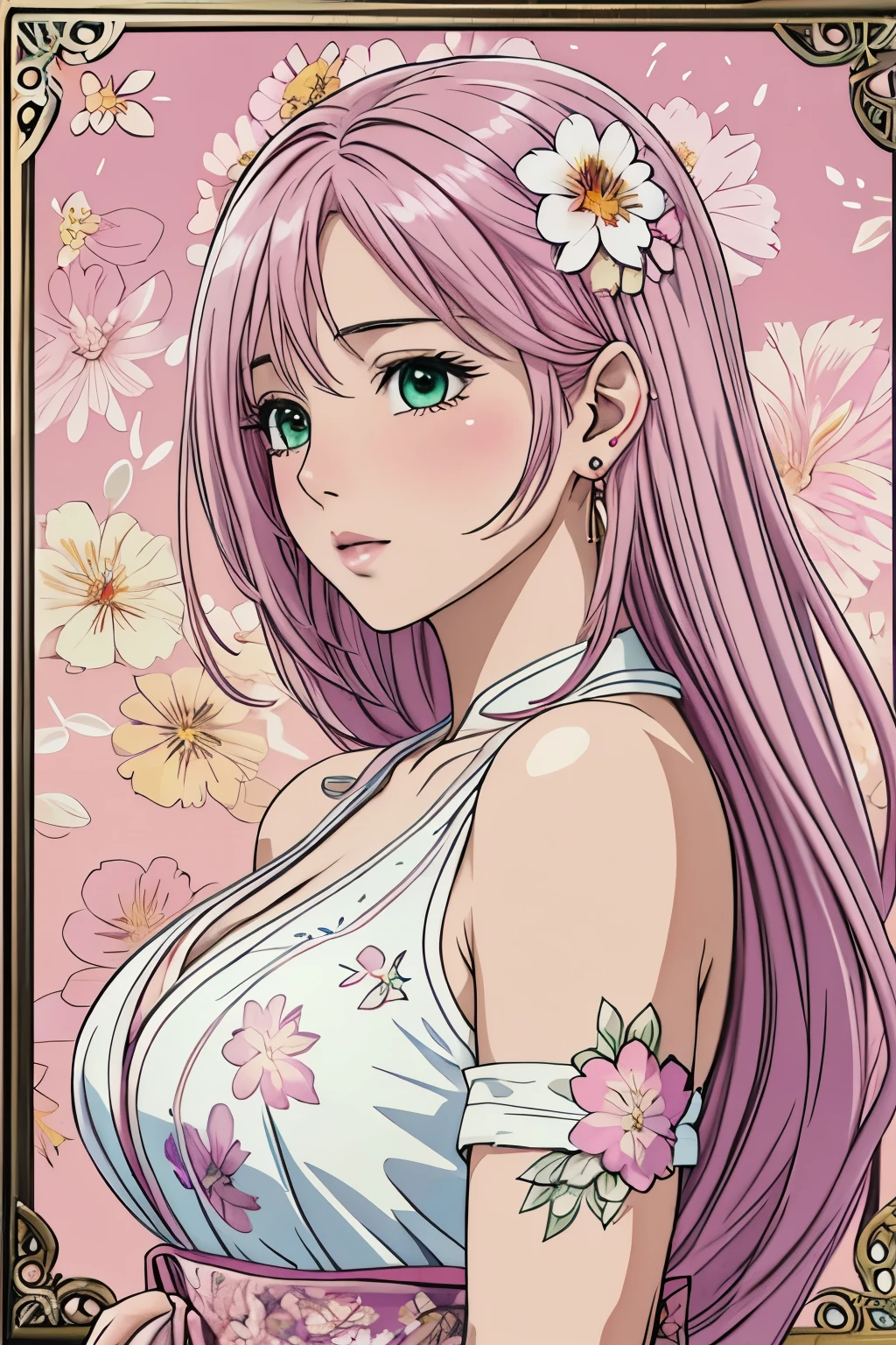 (​masterpiece, top-quality, top-quality, Official art, Beautifully Aesthetic:1.2), green eyes, (highest quality, masterpiece painting:1.3), immature woman, ************, (half body shot), masterpiece, ultra high resolution, (((Flower frame, A lot of flowers in the frame, round frame, A beautiful girl fits into the frame))), Decorative panel, abstract art, (shot from a side angle), (Photoreal:1.0), ((light pink hair)),straight hair, beautiful shining hair, white and shining skin, Painterly, sketch, Texture, 超A high resolution, solo, Beautuful Women, A highly detailed, (Fractal Art:1.1), (colourfull:1.1), (florals:1.6), The most detailed, (Zentangle:1.2), (Dynamic Poses), (Abstract background:1.3), (shinny skin), (Many colors:0.8), (earrings:1.4), (pluma:0.9), Taisho romance