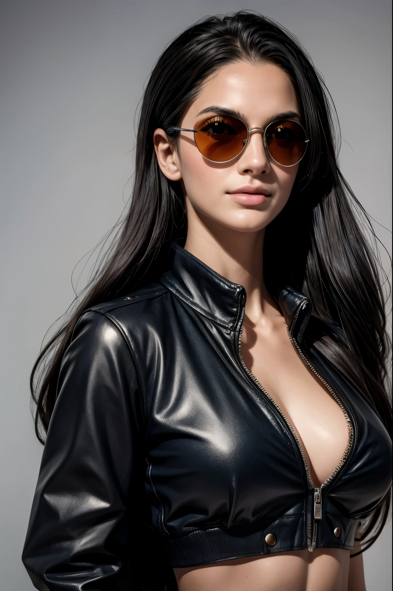 masterpiece, best quality, extremely detailed, hyperrealistic:1.1, photorealistic, a beautiful 20s russian model, ultra detailed face:1.1, black hair, navy crop top, collared jacket, sunglasses on head, white background:1.3, seductive smile
