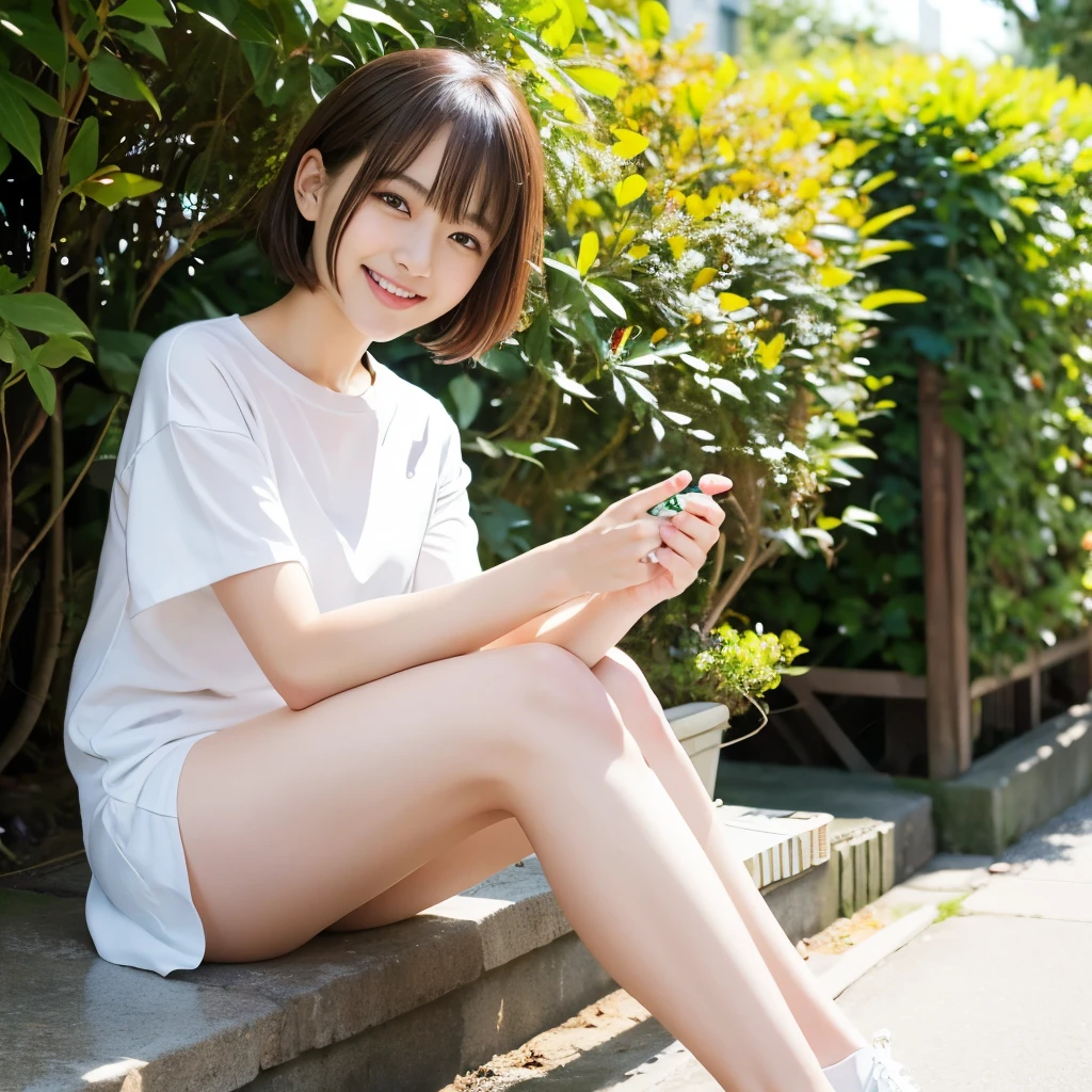 Browsing Caution、highest quality、8k、No makeup、masterpiece、クリアなphotograph、Ultra-high resolution、Realistic、Professional Lighting、Natural light、photograph、smile、Ultra slim、very cute３people々Woman of:1.8、Idle class３people々、very short bob cut、Brown Hair、Wearing wet white:1.6、Full Body Shot:1.6、idol group member３people:1.6