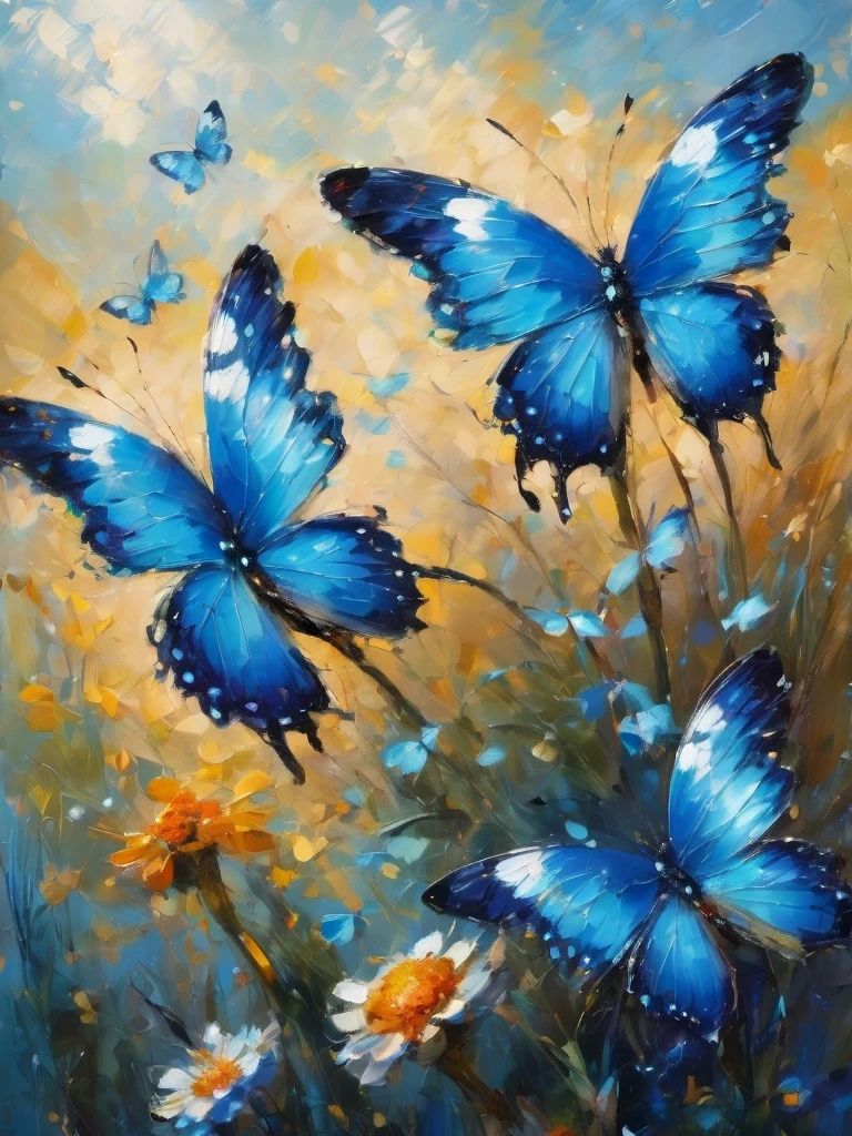 Impressionist art style blue butterfly/blue butterfly with beautiful eyes on its wings, palette knife painting, magical realism, classical realism, fantasy, ethereal fantasy, decopunk, depth of field (dof), close-up.
