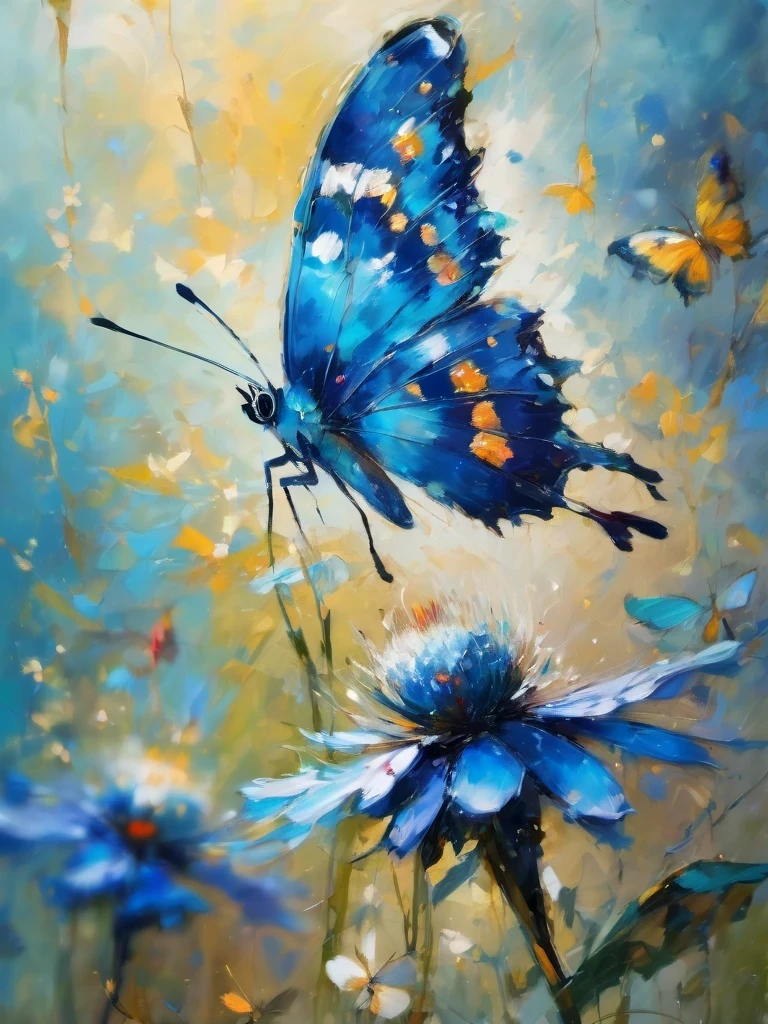 Impressionist art style blue butterfly/blue butterfly with beautiful eyes on its wings, palette knife painting, magical realism, classical realism, fantasy, ethereal fantasy, decopunk, depth of field (dof), close-up.