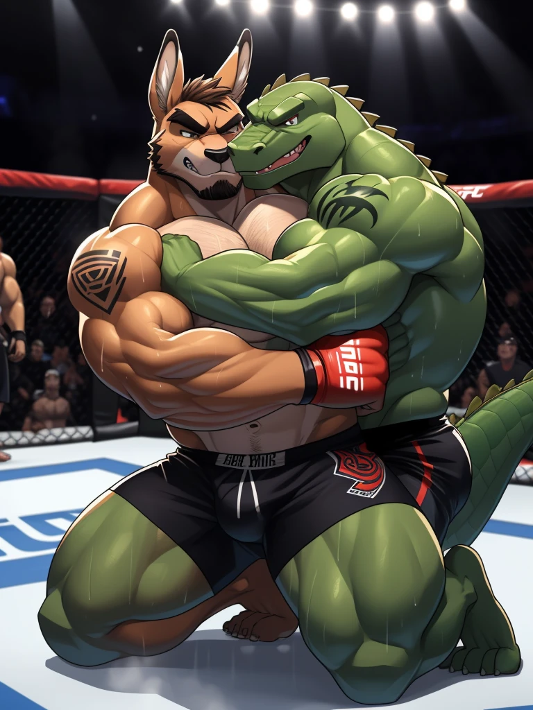 Duo big male fighters(Brown Kangaroo vs Green Gator, handsomes, Thick eyebrows), beso gay(Cuddling kneeling, embraced , in a UFC match), hot(Full body, shirtless), handsomes(They are handsomes, correct ), musculosos(Big muscle bodies, Six packs, muscle abs, big pecs, muscle legs, muscle backs), sweaty(very sweaty wet bodies), tatuajes(they have tattoos), Angry(They have an angry expression), UFC gloves(They both are wearing black UFC gloves), boxers(They both are wearing black boxers), Hight resolution