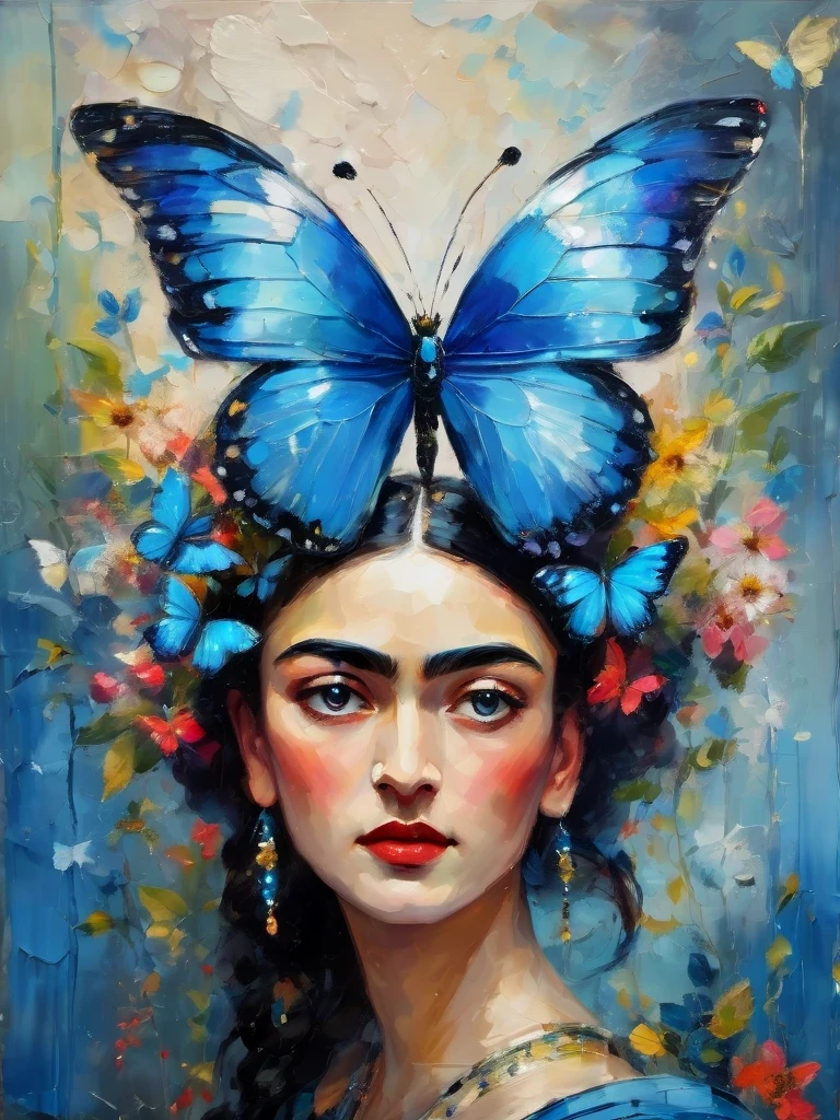 Impressionist art style blue butterfly/blue butterfly with beautiful eyes on its wings, beautiful painting by Frida Kahlo, palette knife painting, magical realism, classical realism, fantasy, ethereal fantasies, decopunk, depth of field (dof), close-ups,