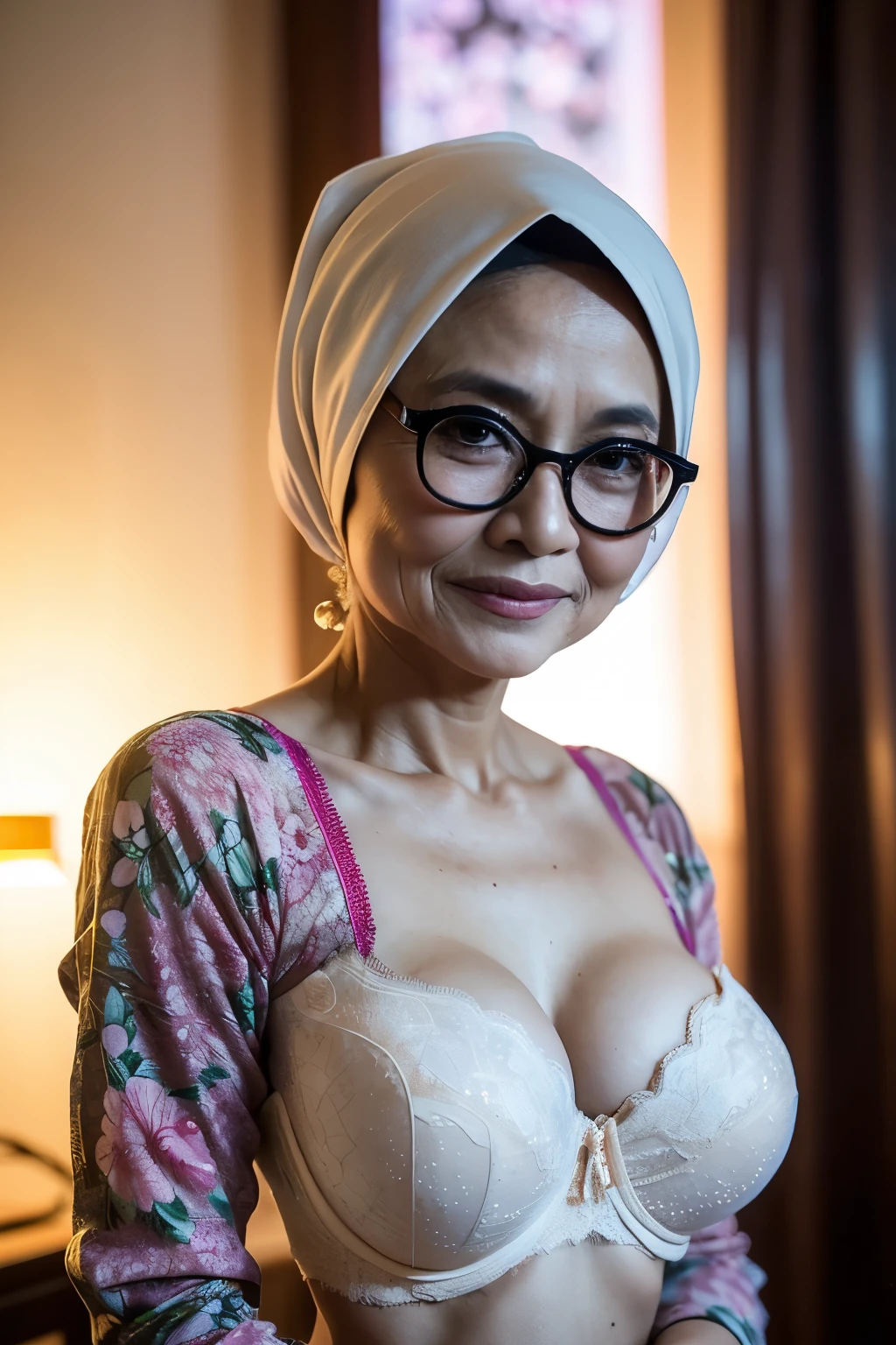 ((Wearing kebaya coats)), Spectacles, ((Old body lady:1.3)), ((Old lady:1.6)), (Happy smile), (((HIJAB MALAY GIRL))), masutepiece, High quality, UHD 32K, Realistic face, Realistic skin feeling , A Japanese Lady, 58 years old matured lady, , Very cute and baby-like face, (((FLAT CHEST))), (Night time at forest), ((look In front  at the camera and SADNESS)), (((CUTE GIRL))), ((WHITE FLUORESCENT LIPS)), ((Floral Pattern)) little ((wearing strapless)), strapless colorfull, dark night background , black forest night, horror scary place, (from behind up) seductive pose, ((Huge bra:1.6)) Heavy Nipples