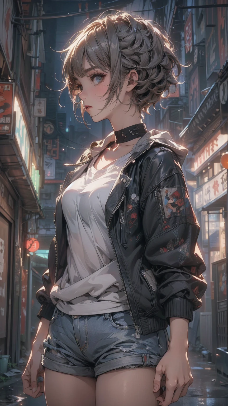 ((Highly detailed CG unit 8K wallpaper, masterpiece, High resolution, highest quality)), Structure from head to thighs:1.3, Upper body focus, 20-year-old woman, short hair, Avant-garde makeup, Hands in pockets pose:1.5, Blouson&Coordination of micro mini shorts, Blurred Background, A deserted back alley in Paris, Cinema Lighting, Anime Style, Simple lines, Digital Painting,