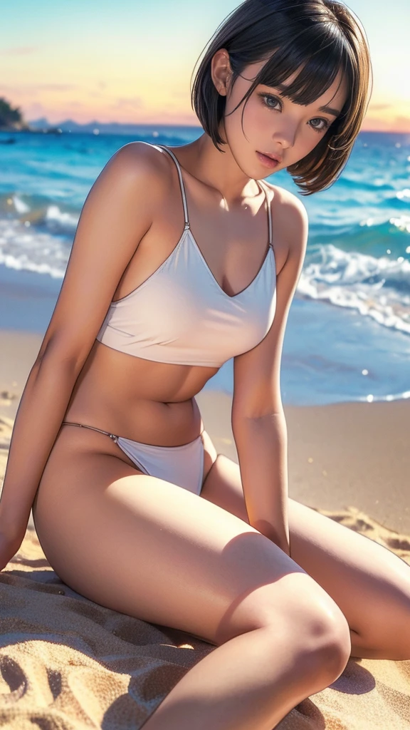 highest quality, masterpiece, Ultra-high resolution, (Realistic:1.4), RAW Photos, Very detailed, Perfect Anatomy,
One Girl, Most popular Japanese idols, Front view, (Summer beach in the evening, beach, On the beach, Sunset is near), Leg Details, Glaring at me(1.8), View your viewers,
((All Nude(1.9))), ((Small breasts(1.9), Small breasts(1.7))), Camel Toe(1.8), (((Thick pubic hair(1.8)))
Very beautiful thighs, Very beautiful legs, Very beautiful and perfect body, Very beautiful medium breasts, Very cute face, Stunningly beautiful large round black eyes, Very beautiful black hair, Very beautiful white skin、Thigh details, Beautiful legs in every detail, Beautiful Bangs、Hair between the eyes,(((, Short Bob)))