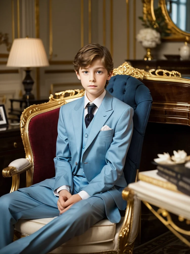 An 11 year old boy sitting in the living room of his elegant and comfortable house in London fine and elegant boy light brown hair blue eyes white skin fine features very beautiful boy with very fine formal elegant clothes very sad and thoughtful sad very sad