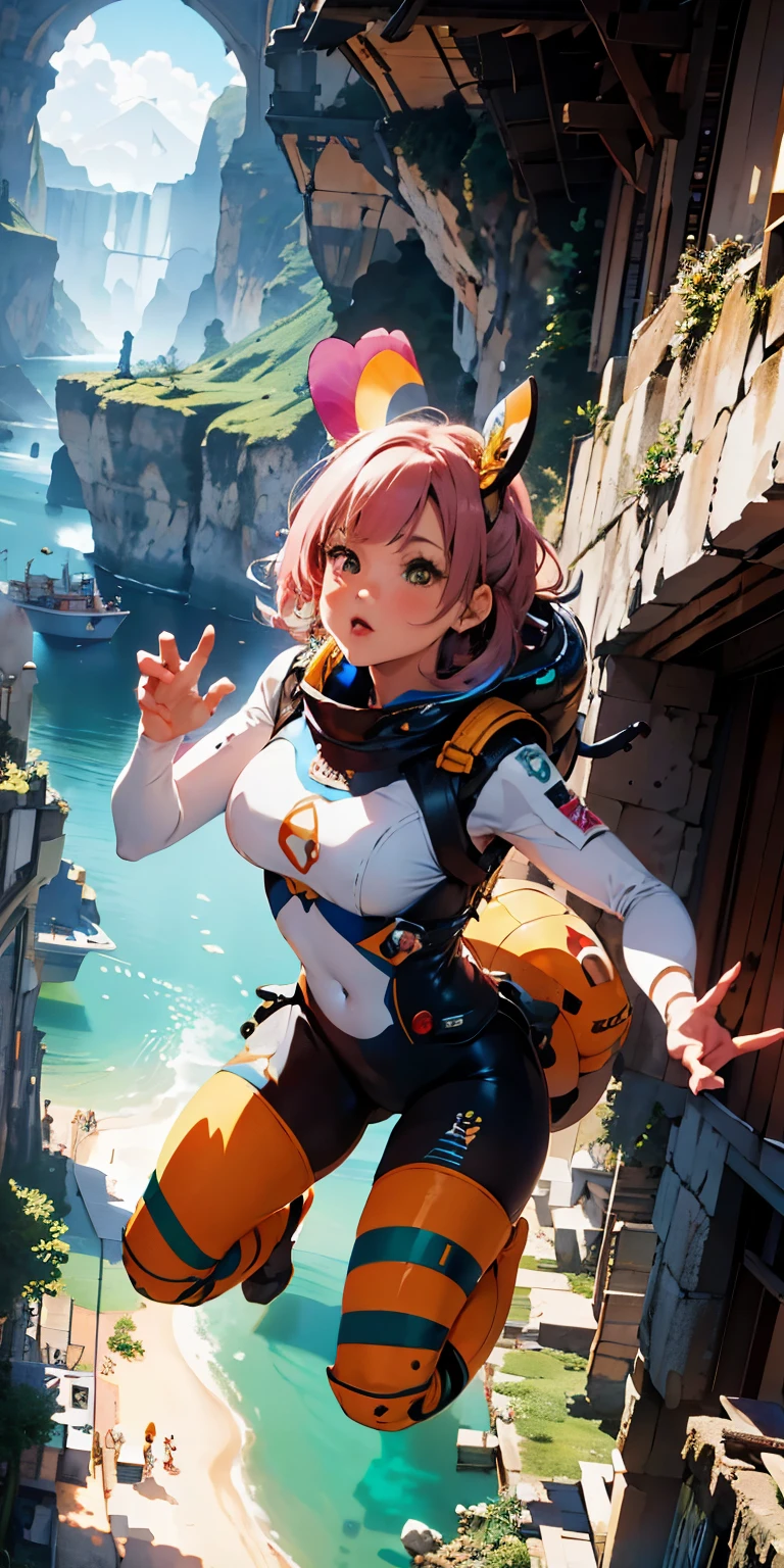 Ridiculous resolution, high resolution, (Obra maestra:1.4), super detailed, 1 chica junkotvv, in ESPACIOsuit, mirar desde arriba, ESPACIO, Flotante, satellite, postura corriendo, wide-angle lens distortion