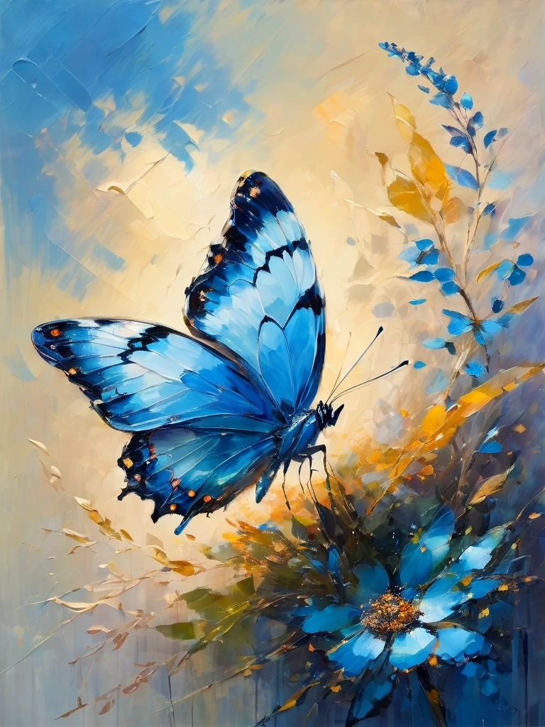 Impressionist art style blue butterfly/blue butterfly with beautiful eyes on its wings, palette knife painting, magical realism, classical realism, fantasy, ethereal fantasy, decopunk, depth of field (dof), close-up.