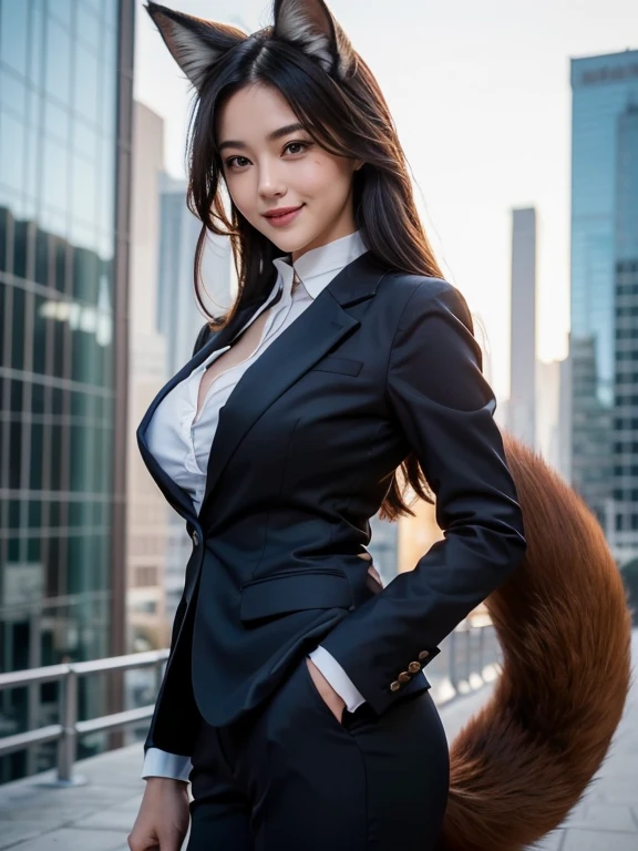 ((highest quality, 32k)), ((masterpiece)), (Get used to it), Perfect Face, Fox Girl, Beautiful woman, public, There is a tail, she has a fox tail, She wags her fluffy tail, smile, collar, She wears a business suit, Beautiful hip line, A tail sticking out from a business suit, Large Breasts, Big Ass