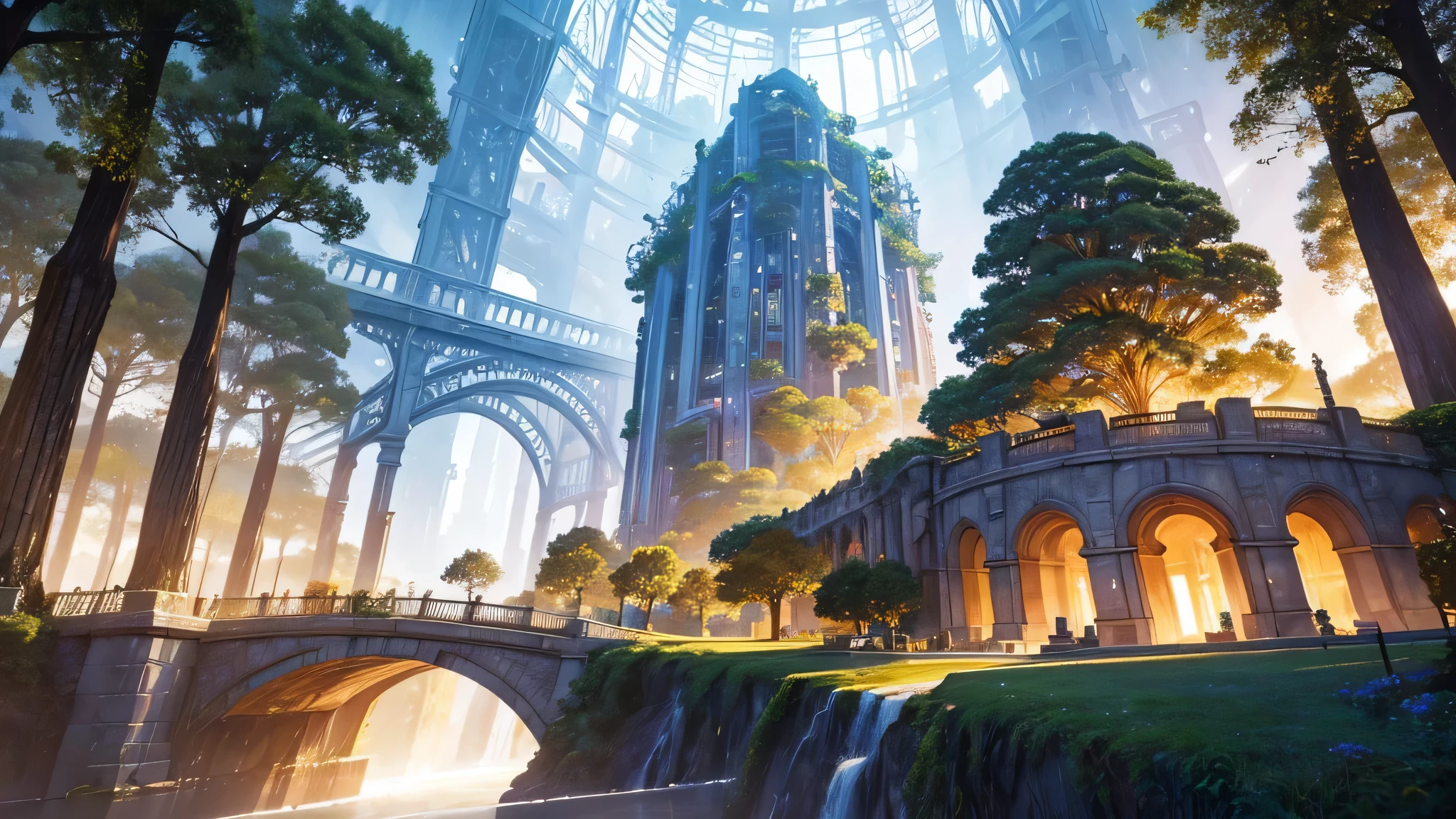 Masterpiece, robot hands a bouquet of flowers to a , mysterious, light emanates from the center, made from ruins, skyscraper, Tokyo, painting of a tree with a bridge, fantasy valley with a tree, high detailed fantasy , fantasy tree, colorful and detailed dreamscape, cosmic tree of life