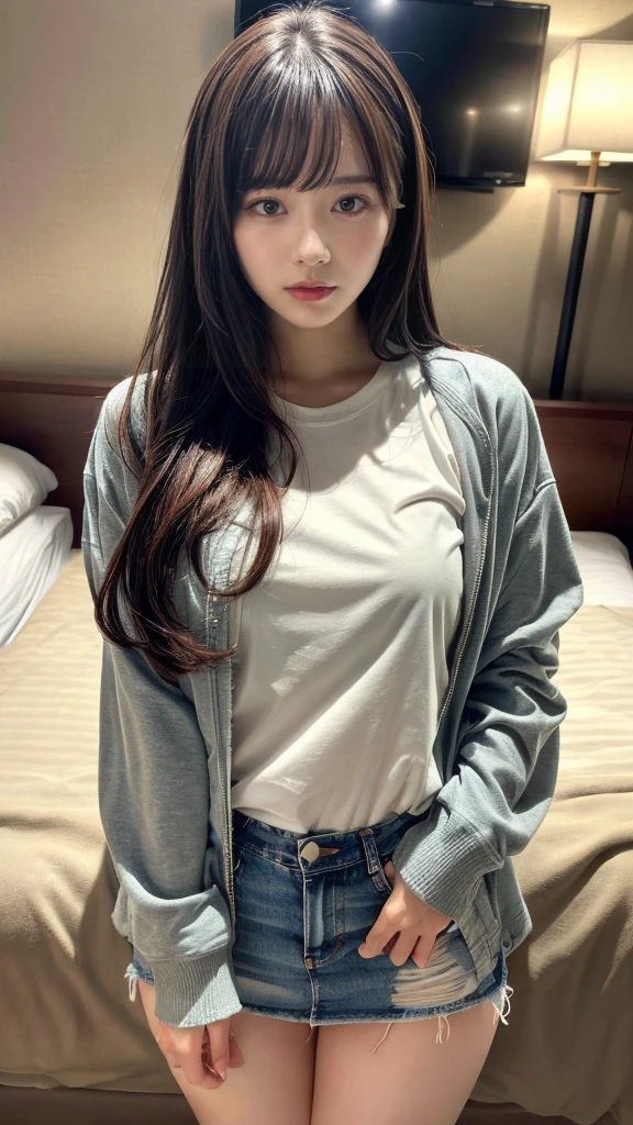 muste piece, best quality, illustration, Super detailed, fine details, High resolution, 8K,wall paper, perfect dynamic composition,(Details High quality, realistic depiction of eyes:1.3), (Fashionable, Baseball Jacket, Oversized T-shirt, a denim miniskirt), long straight hair, black hair color, Big Natural Color Lip, crying a little、cold gaze, Harajuku style、20 year old girl、cute type、ta、beautiful legs, hotel room, Gravure Idol, Voluptuous thighs