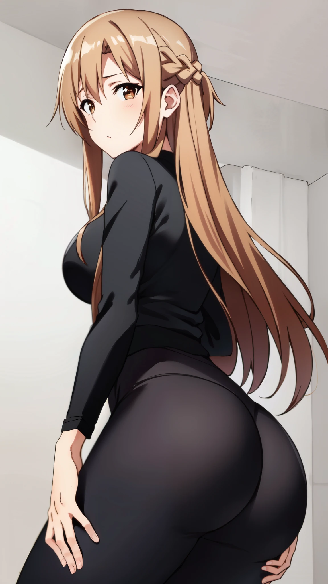 black yoga pants legging closeup ,Yuuki Asuna, Brown hair, Brown eyes, medium breasts, Long hair, braid big ass hand on ass, well drawn hands   almost sat on me face 