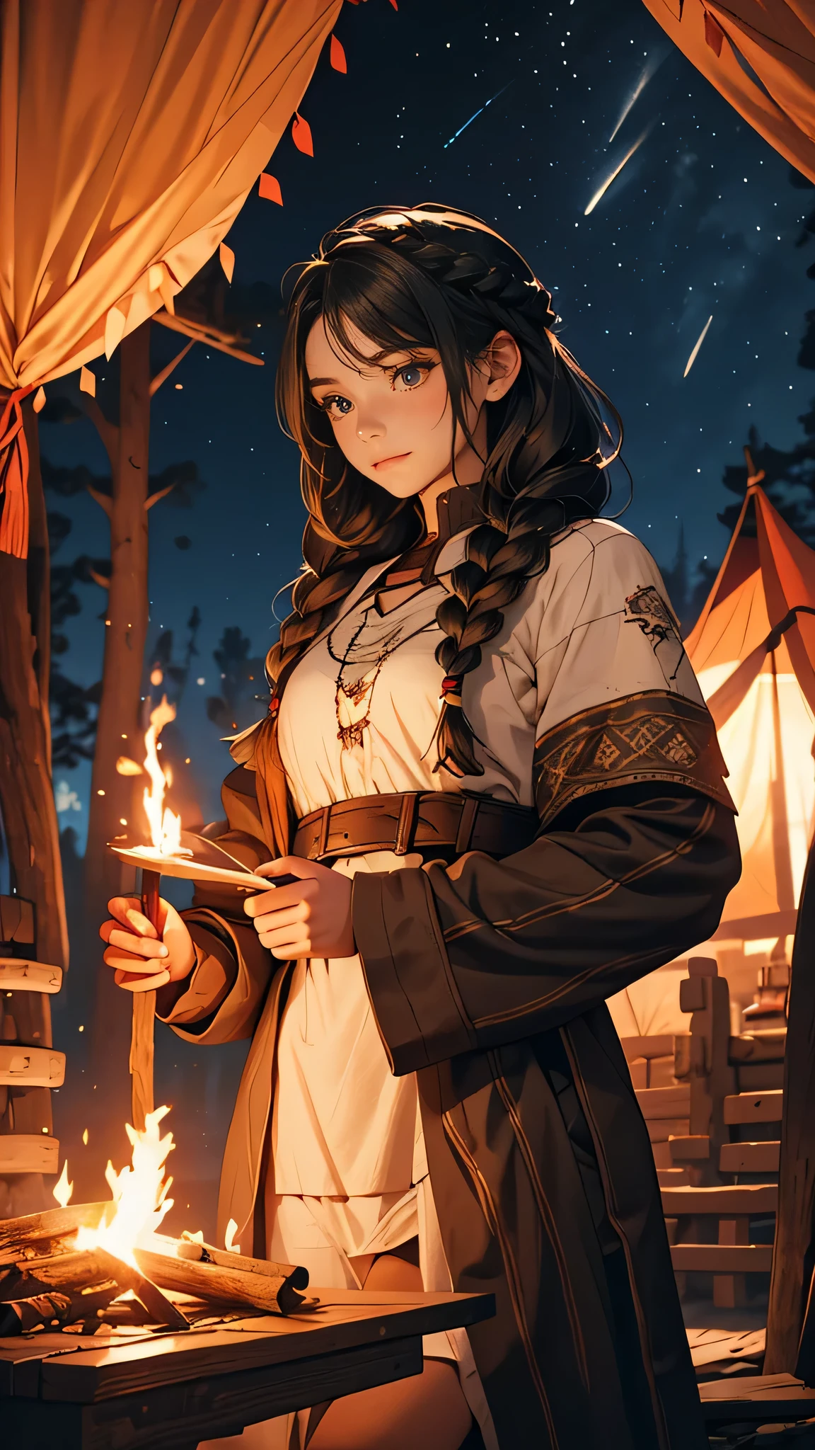 illustrates a young girl with long black braided hair wearing a white medieval style traveler's shirt, camping and making a campfire at night, fantasy theme
