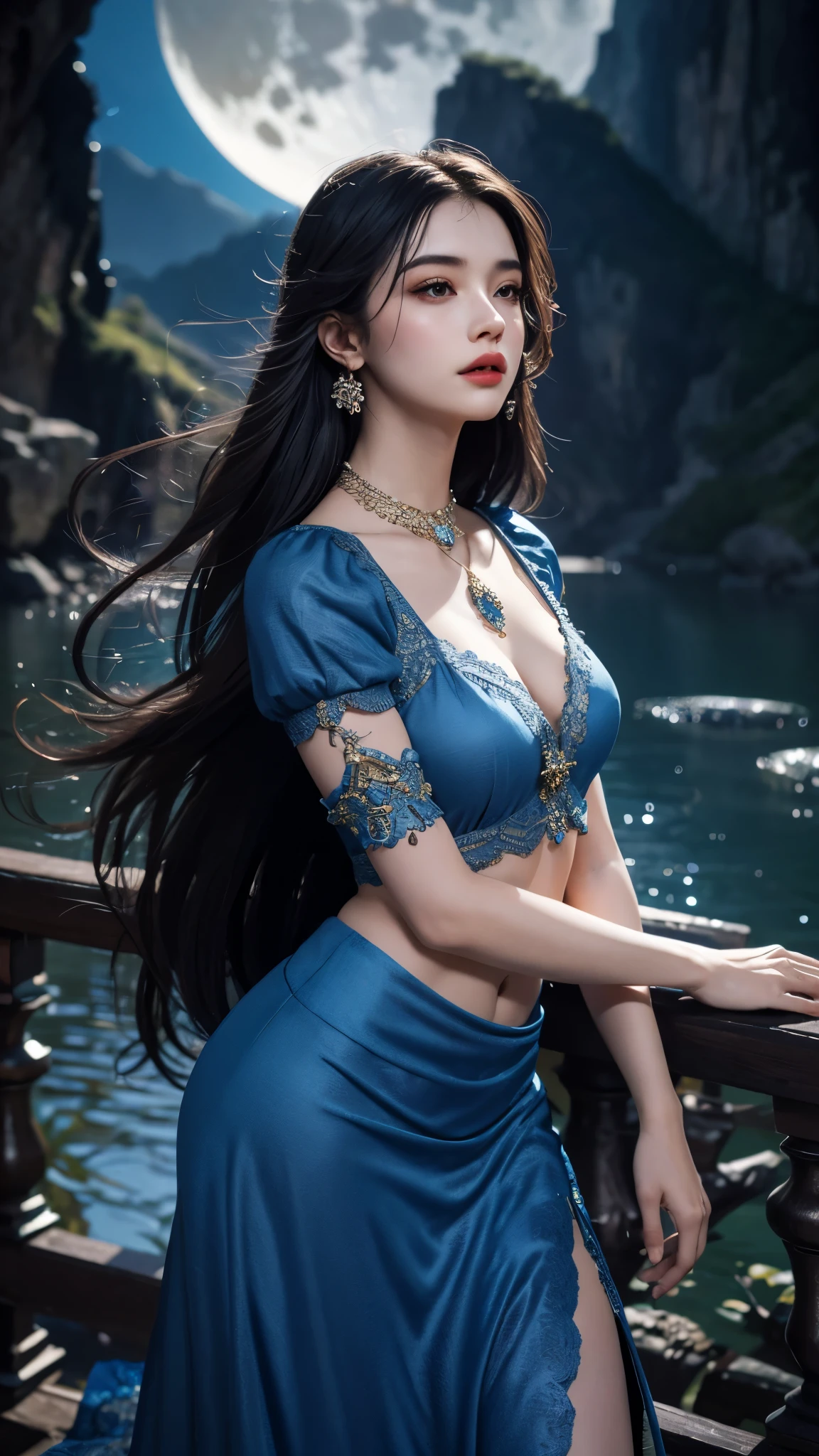 8K, ultra hd, masterpiece, 1 girl, good face, very long hair, detailed eyes, detailed lips, small breasts, detailed clothing, blue clothing, lace, sardine, bare waist, ornament, jewellery, antique jewellery, loops, straps, dim lighting, epic scenery, night scenery, moon light, water reflection, RTX 4090, ray tracing, bloom effect,