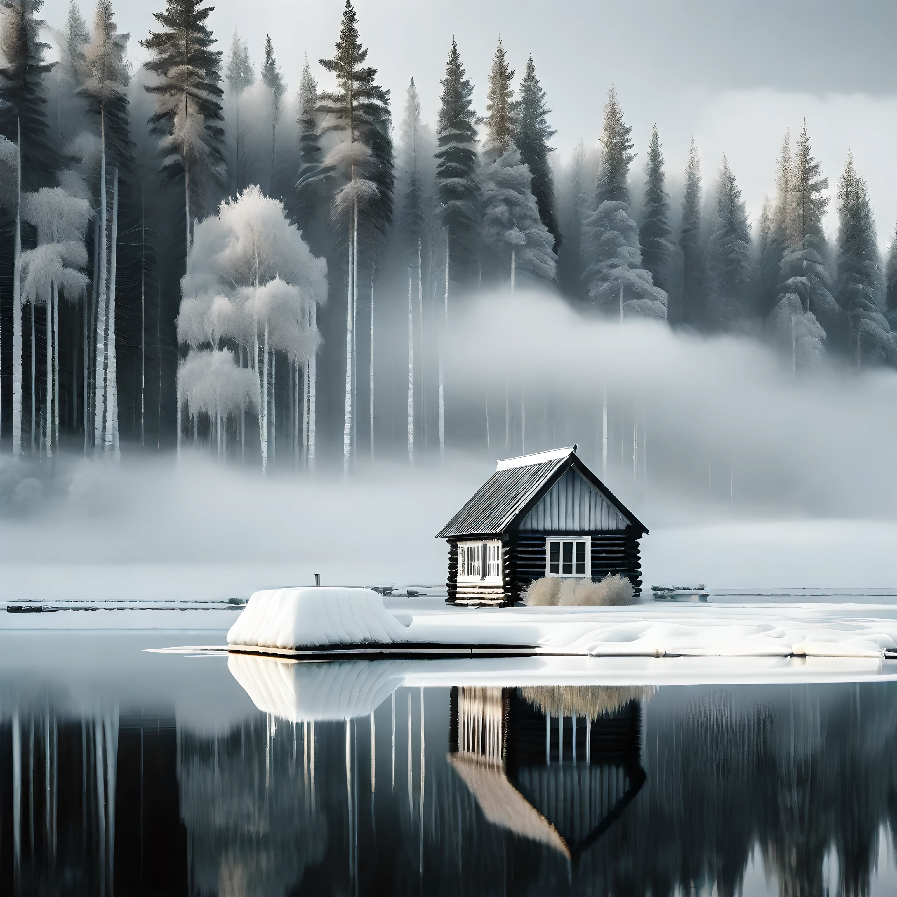 Black and white photography,grey,Akos Major,Black all around,A white log cabin,White reflection in water,Photo realism, Sharp focus, High level of image quality, high quality,HD,photography,8K,HDR