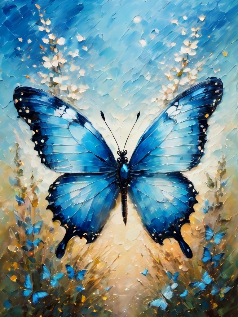 Blue butterfly with beautiful eyes on its wings, Impressionist art style blue butterfly/blue butterfly,, palette knife painting, magical realism, classical realism, fantasy, ethereal fantasy, decopunk, depth of field (dof), close-up,...