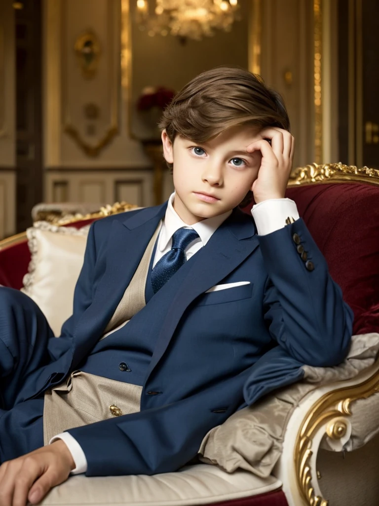 An boy sitting in the living room of his elegant and comfortable house in London fine and elegant boy light brown hair blue eyes white skin fine features very beautiful boy with very fine formal elegant clothes very sad and thoughtful sad very sad very thoughtful