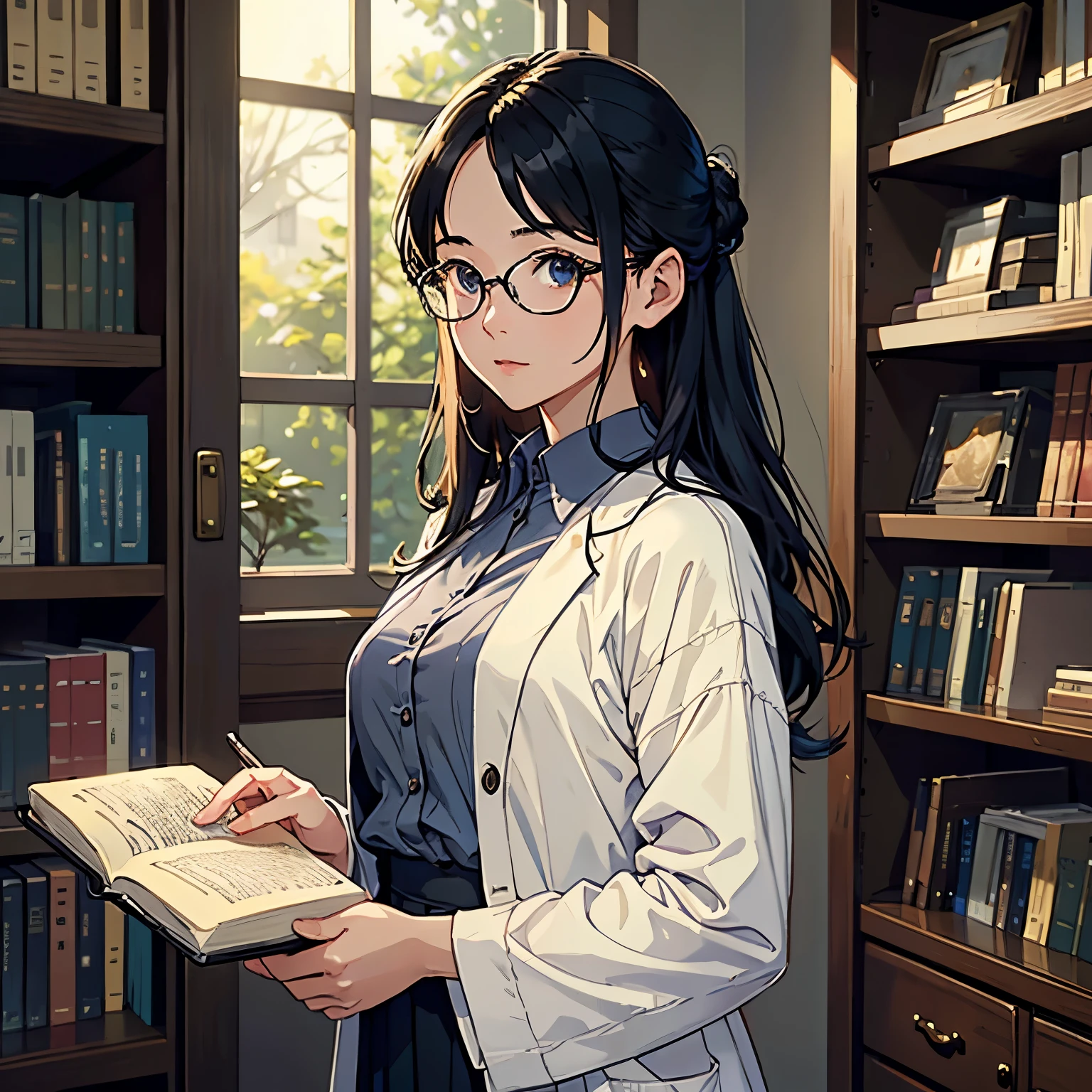 (highest quality, masterpiece, High resolution)、4K Anime Art、Soft Light、(A woman standing with a book in her hands、whole body、20-year-old)、(Detailed depiction of a beautiful face)、Black Hair、Put your hair up、(Glasses、therapist、doctor、Put on a white coat )、(Old Library)、Serene atmosphere、Vintage、Classic、(sergeant style)、
