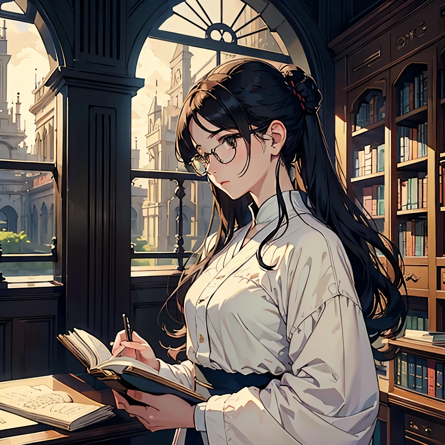 (highest quality, masterpiece, High resolution)、4K Anime Art、Soft Light、(A woman standing with a book in her hands、whole body、20-year-old)、(Detailed depiction of a beautiful face)、Black Hair、Put your hair up、(Glasses、therapist、doctor、Put on a white coat )、(Old Library)、Serene atmosphere、Vintage、Classic、(Pre-Raphaelite style)、(Edmund Leighton Style)、(sergeant style)、