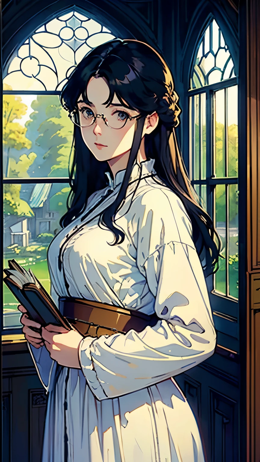 (highest quality, masterpiece, High resolution)、4K Anime Art、Soft Light、((A woman standing by a window with a book in her hand、whole body、20-year-old))、((Woman standing))、(Detailed depiction of a beautiful face)、Black Hair、Put your hair up、(Glasses、therapist、doctor、Put on a white coat )、(Old Library)、 (Sunlight streaming through the window)、Serene atmosphere、Vintage、Classic、(Pre-Raphaelite style)、(Edmund Leighton Style)、(sergeant style)、