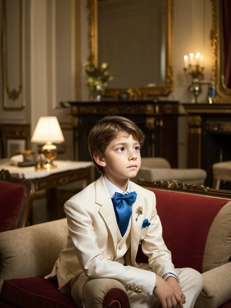 An 11 year old boy sitting in the living room of his elegant and comfortable house in London fine and elegant boy light brown hair blue eyes white skin fine features very beautiful boy with very fine formal elegant clothes very sad and thoughtful sad very sad very thoughtful with tears In the eyes