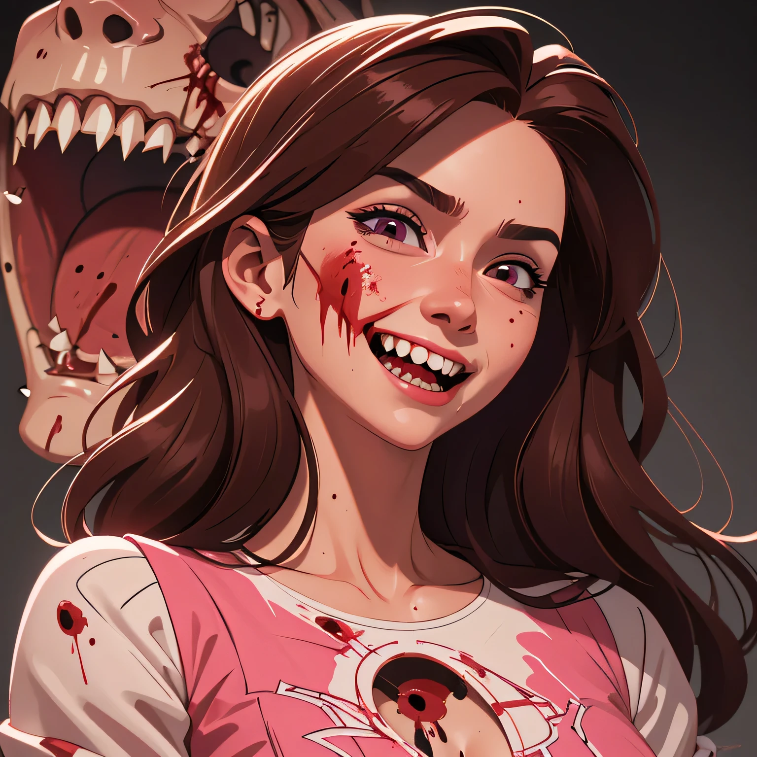 masterpiece,best quality,ultra-detailed,high resolution,extremely detailed, woman, pink irises, smile, insane expression, blood on face, blood on clothes, long hair, brown hair, sharp teeth