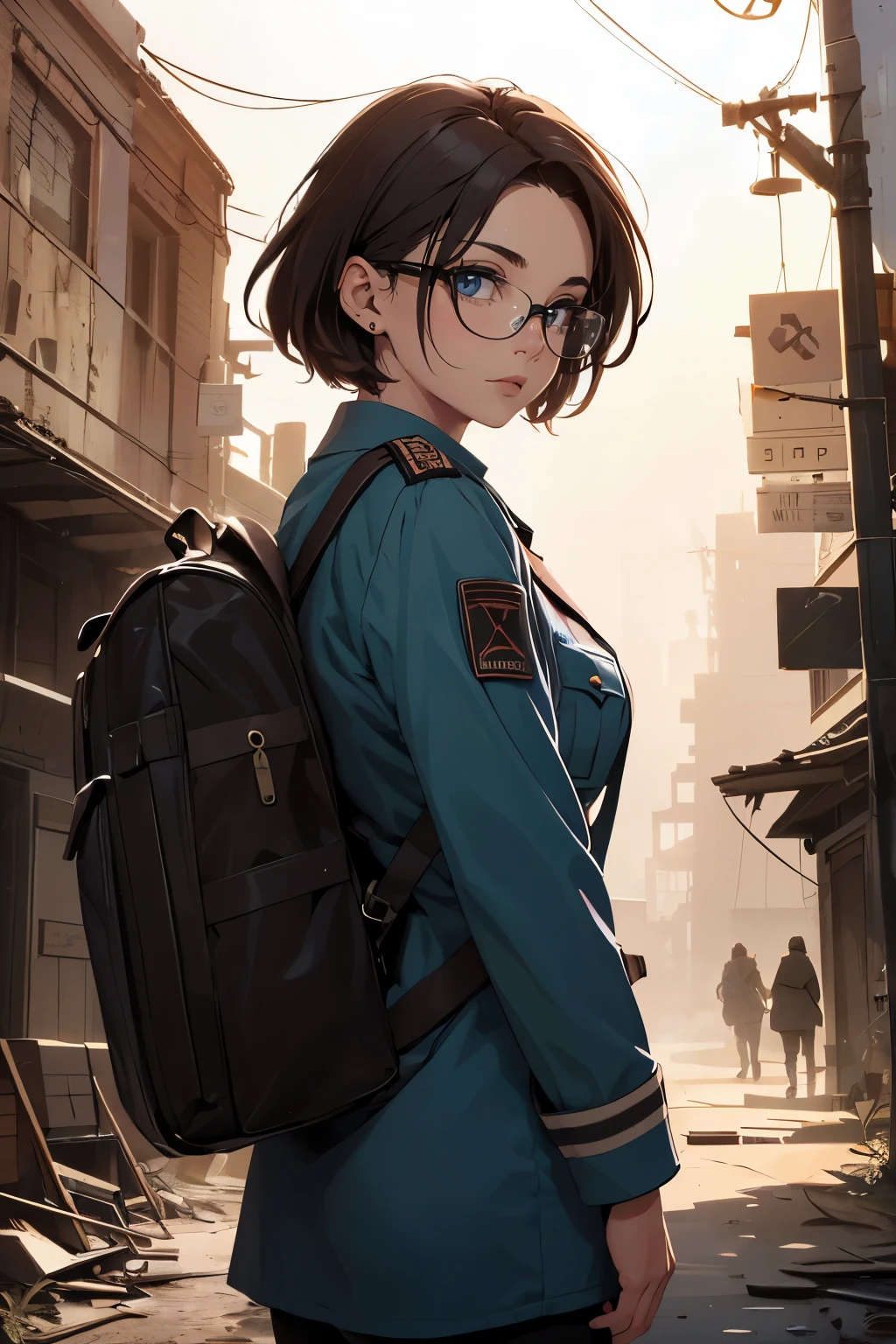 Wide angle, a pretty girl messenger, wearing large glasses, undercut hair, wearing postal uniform, in a post-apocalyptic world