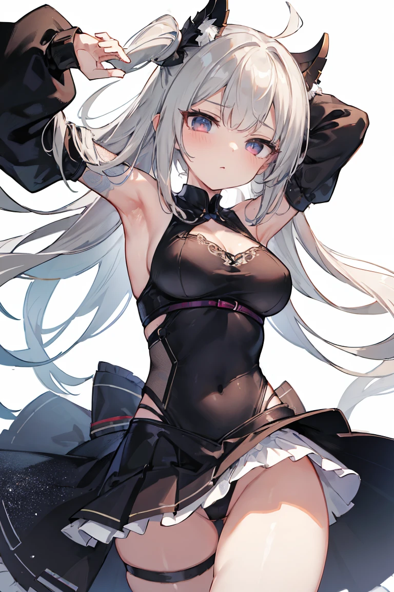 1girl, anime, cute girl, blank background, white background, fantasy, detailed fantasy dress with highlights, beautiful face, beautiful eyes, dark colors, black hair with multicolor streaks, red eye with different color pupil in eye, multicolor eye, medium breasts, slight cleavage, beautiful skin, cute, breast curtains, extremely delicate and beautiful, (beautiful detailed face:1.0), (detailed deep eyes), symmetrical breasts, deep eyes, shiny skin, portrait, slender waist, hips wider than shoulders, thighs, expressionless, young girl, luminous eyes, adorable，（Kpop idol）,（aegyo sal：1），（Platinum blonde hair：1），（（puffy eye）），Black panty，sexy posture，Superskirt, Ultra-high resolution，Black collar，slim figure, Abdominal y tattoo, womb tattoo，Tight-fitting leg ring，y tattoo on half-body，Bare skin, Armored hand，Hidden fingertips，Hand covered，Arm covered，Fist covered,{{beautiful detailed fingers}}, tufts of hair, moderate beautiful breast:1.0,(masterpiece:1.2), best quality, high-res, HDR, perfect face, intricate armor, delicate blue filigree, intricate filigree, red metalic parts, detailed part, dynamic pose, dynamic lights, cute face, neutral expression